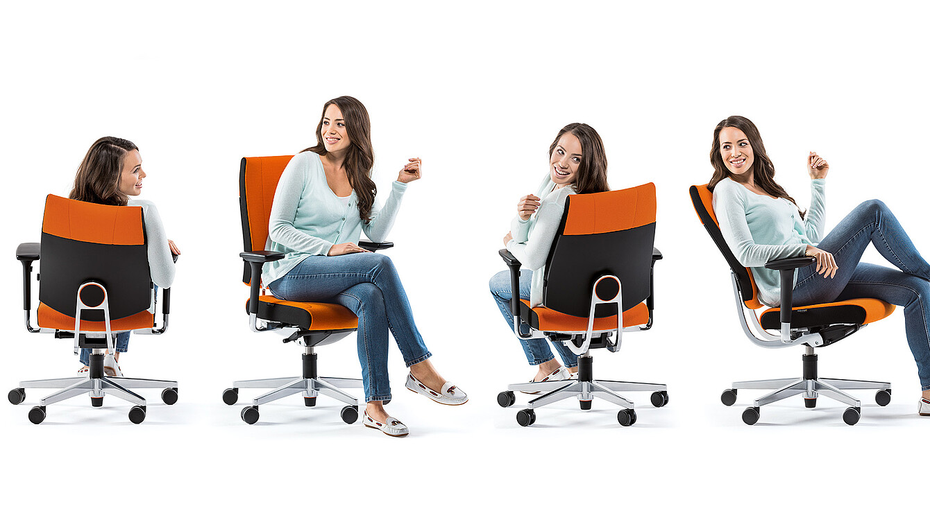 Four views of a woman demonstrating the dorsokinetic backrest movement on an orange and black Sedus black dot office chair