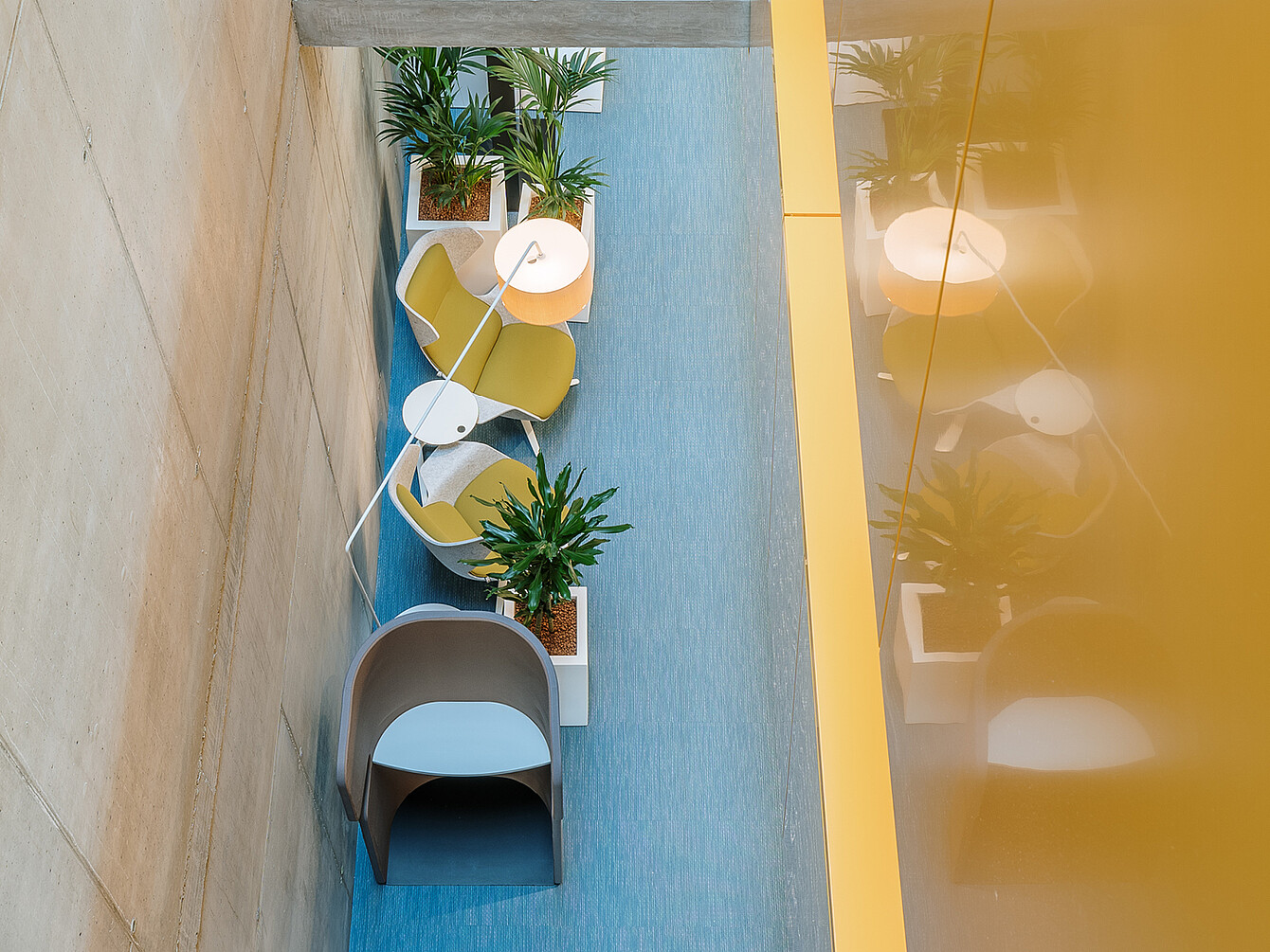 Overhead view of a narrow office seating area with a concrete wall on one side and a reflective yellow wall on the other featuring a group of modern chairs, small round tables, floor lamp, and potted plants on a blue carpet
