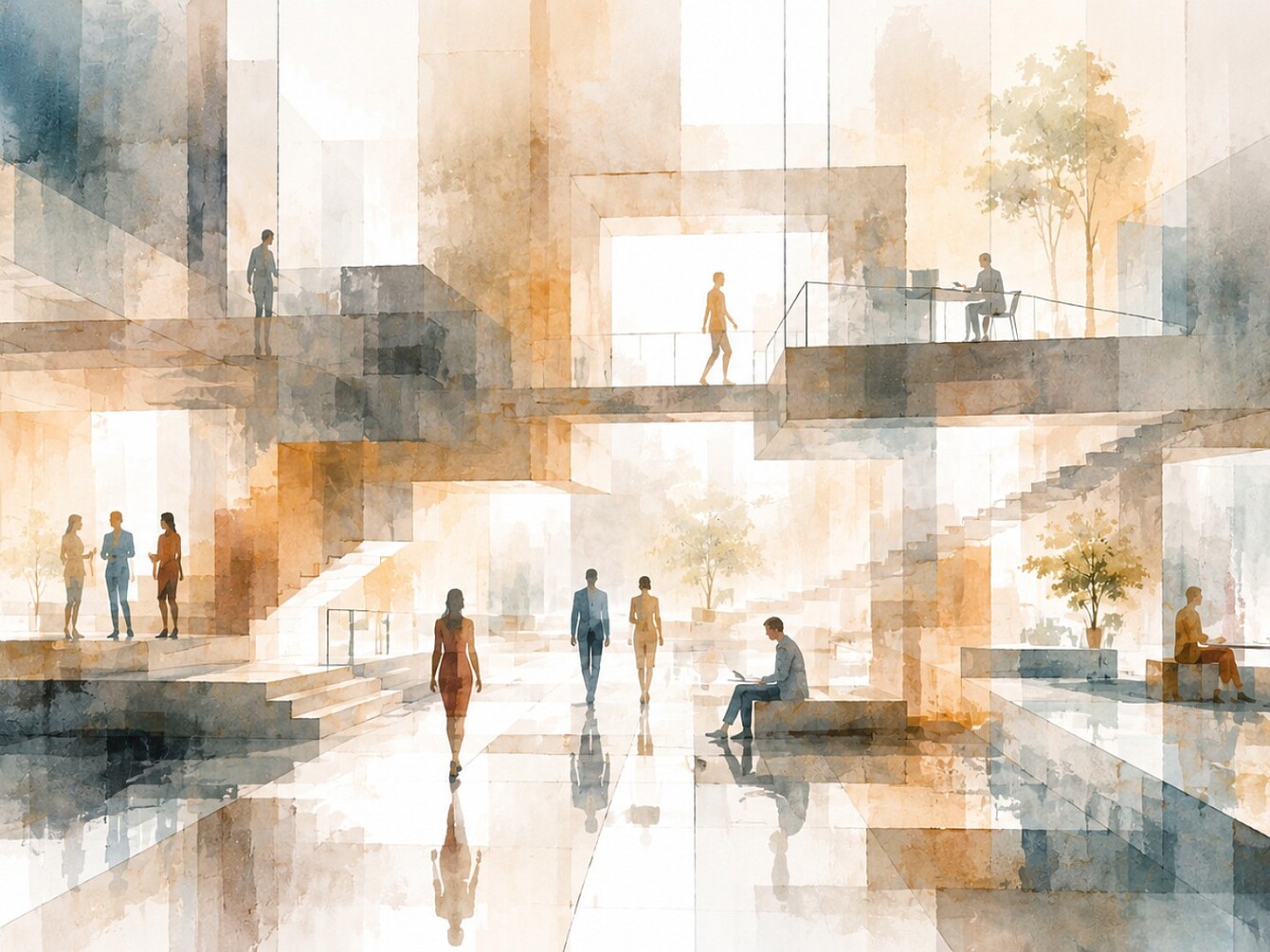 Abstract watercolor-style illustration of a multi-level open workspace with people walking, sitting, and standing near staircases and trees