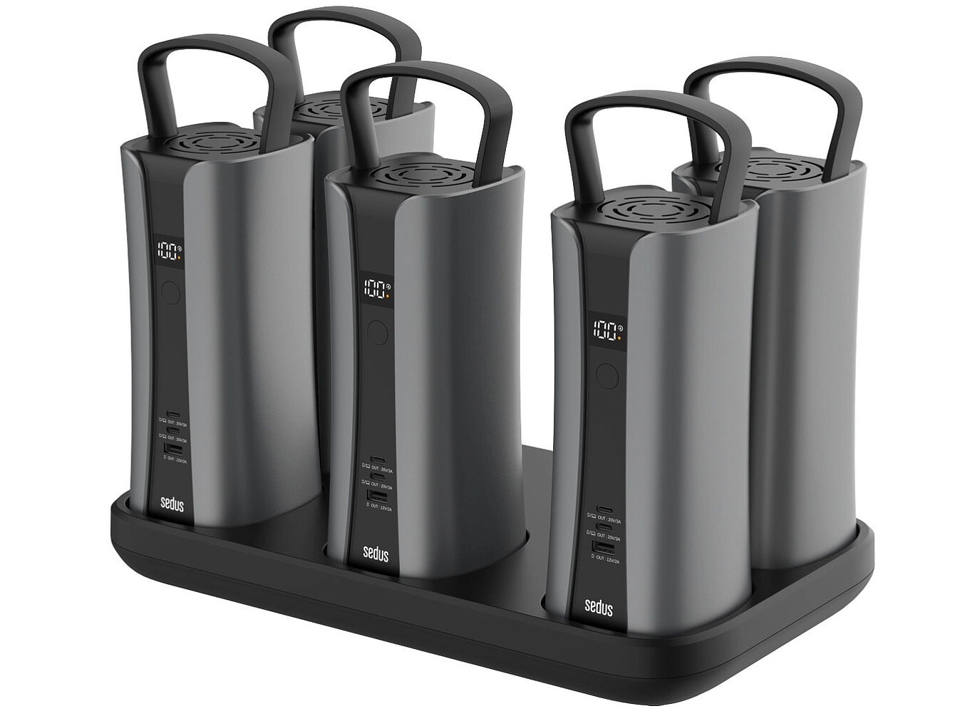 Five portable se:charge batteries with handles standing on a rectangular black charging base