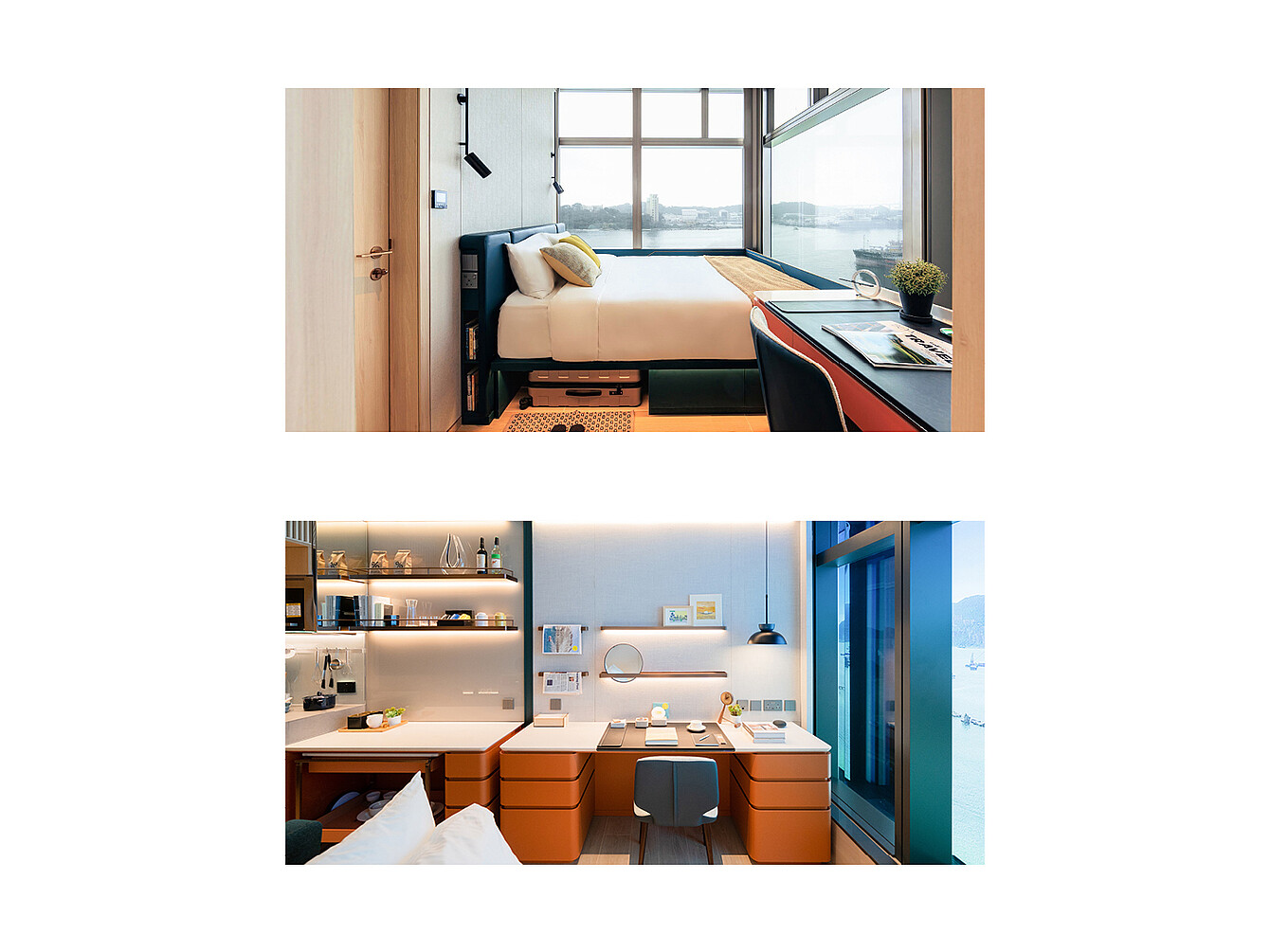 Top image shows a modern hotel room with a bed near a large window overlooking water and a cityscape beyond Bottom image shows a workspace with a desk, chair, shelves, and a large window with a view of water and buildings