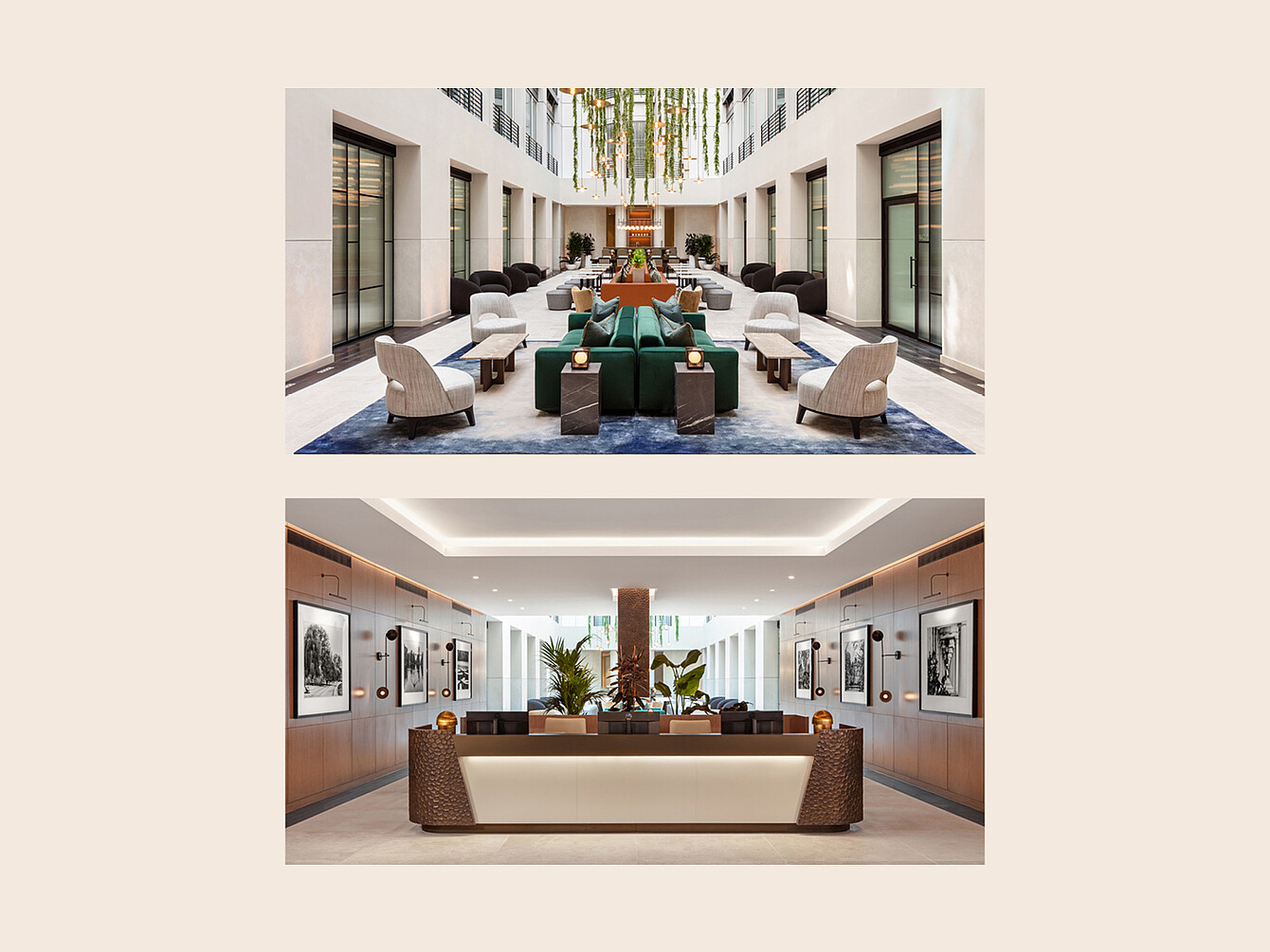 Top view of a spacious hotel lobby with symmetrical seating arrangements and hanging plants above and a modern reception desk with framed black-and-white photos on the walls behind it