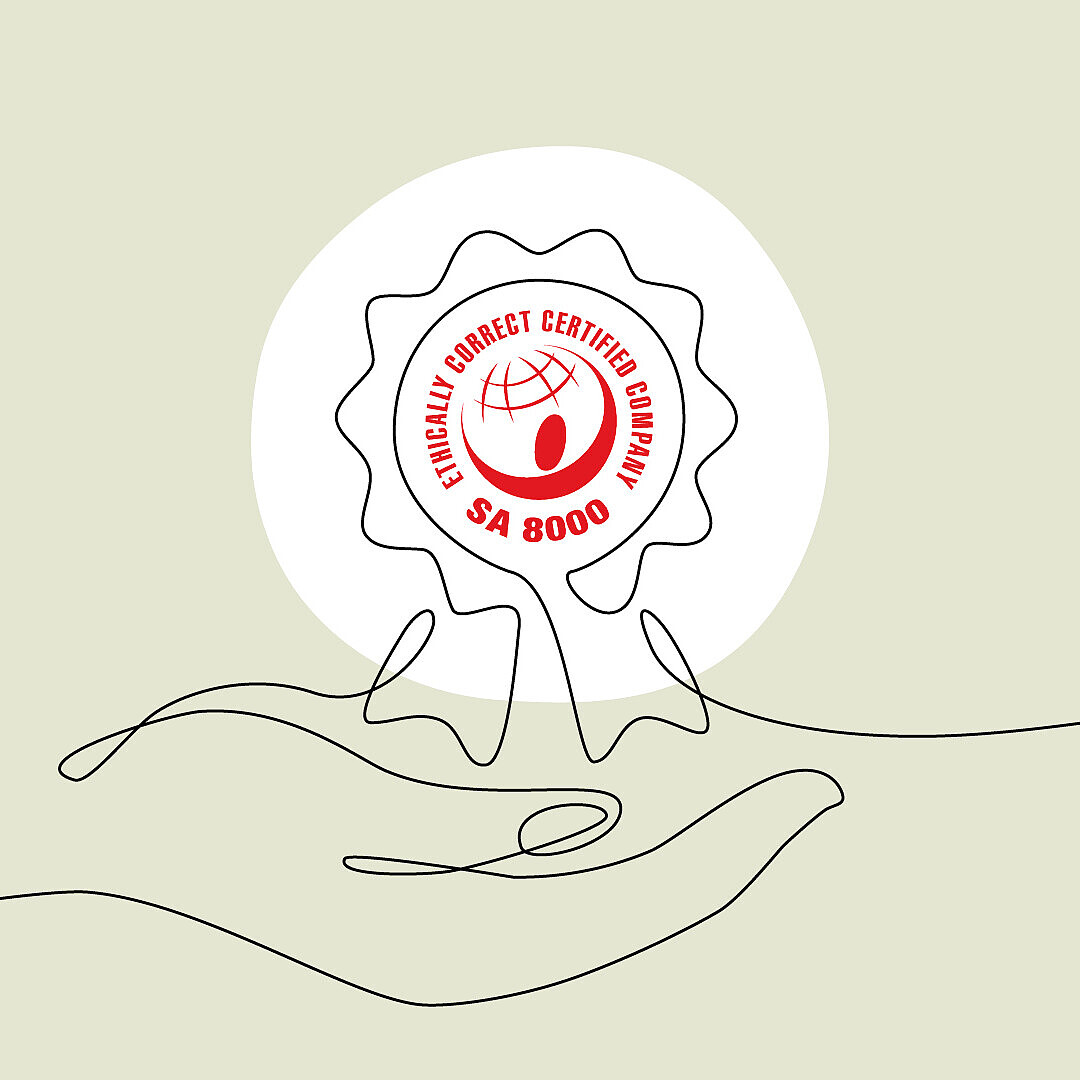 Outline of a hand holding a ribbon-shaped badge with a globe and the text 'SA 8000' and 'SOCIAL ACCOUNTABILITY CERTIFIED' in red.