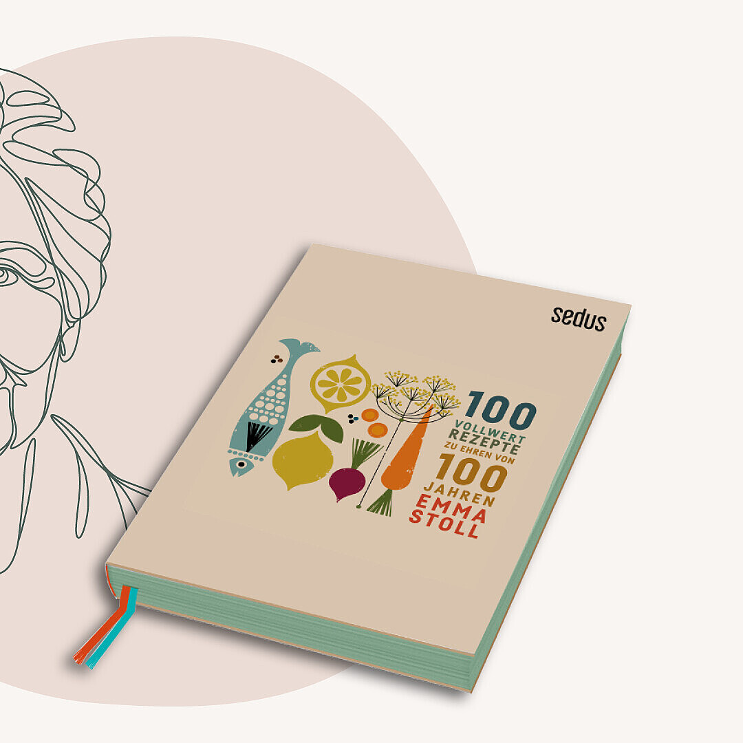 Book titled '100 Rezepte von Emma Stoll' with illustrations of vegetables and a fish on the cover, next to a line drawing of a person with short hair and a scarf.