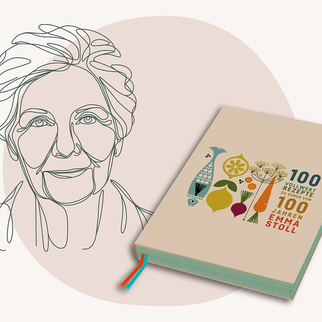 Buch mit dem Titel '100 Rezepte von Emma Stoll' neben einer stilisierten Linienzeichnung einer Person mit lockigem Haar.