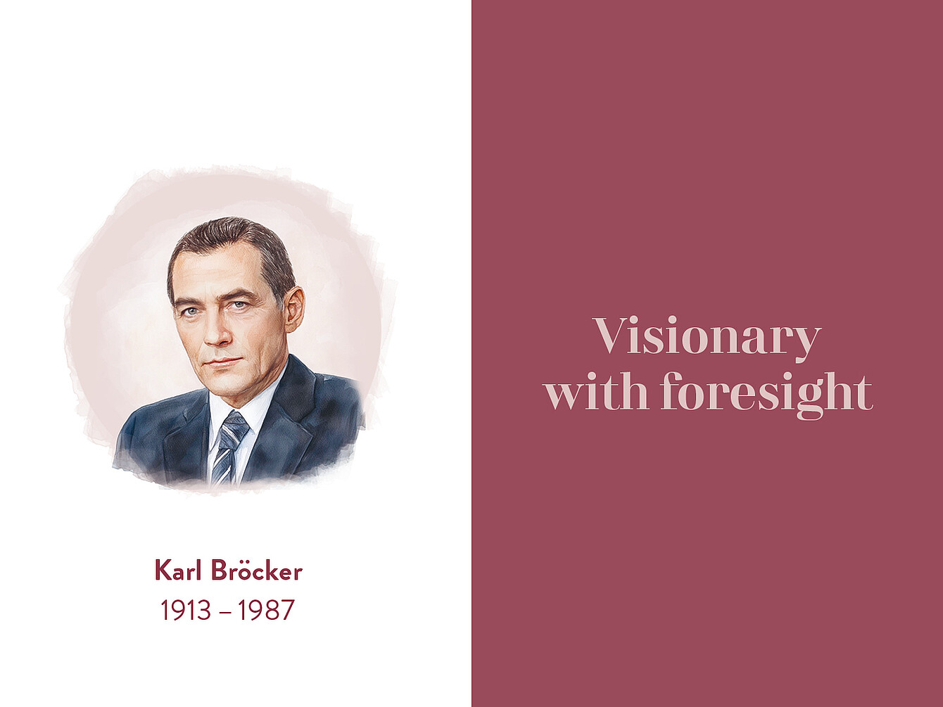 Portrait of Karl Bröcker, a man in a suit with a blurred face. Text below reads 'Karl Bröcker 1913 - 1987'. Right side features the phrase 'Visionary with foresight'.