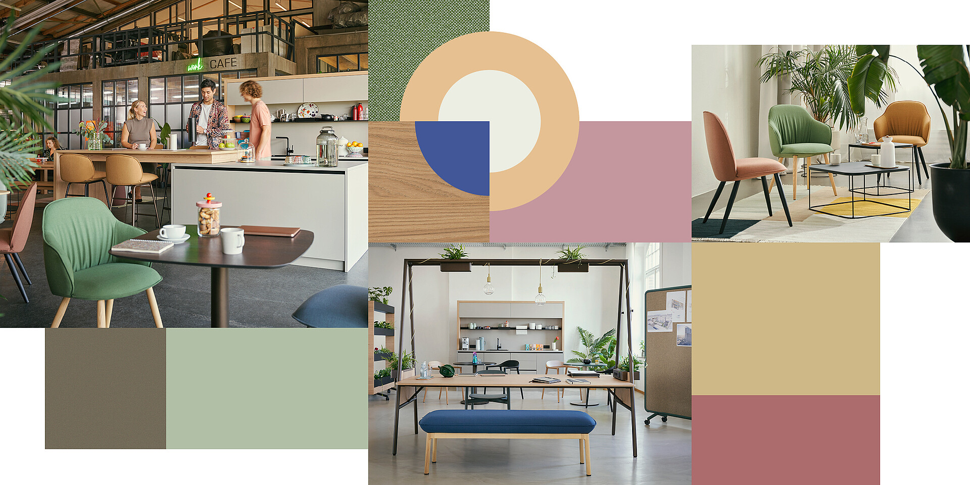 Modern office with café area featuring the se:café bar, a green se:café soft chair, and wooden table, alongside graphics with colour codes and a bright, open workspace with plants and blue se:café bench.