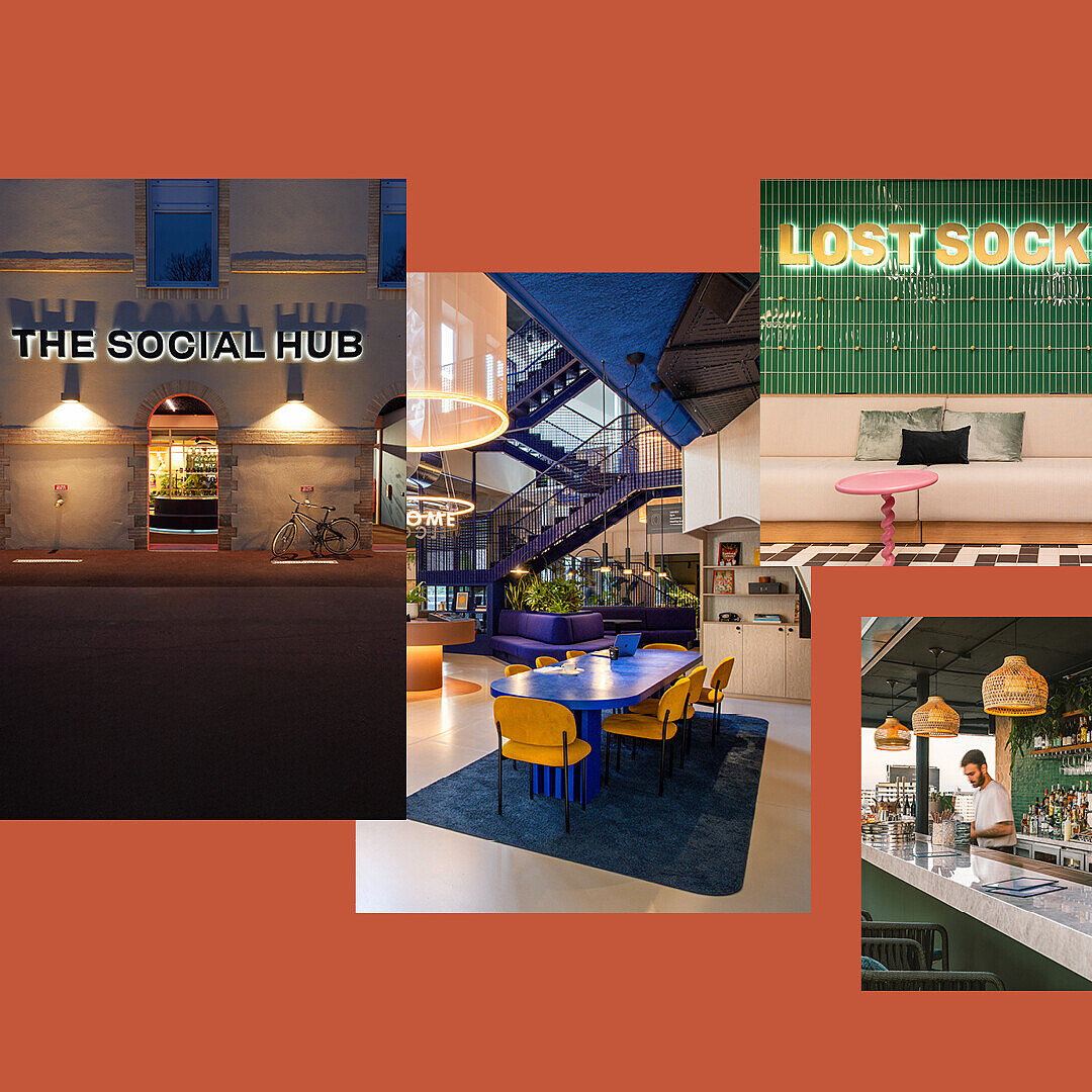 Collage of five photos showing various hospitality spaces including a social hub entrance, a lounge with yellow chairs and a staircase, a seating area with a green tiled wall and 'LOST SOCKS' sign, a bar with a bartender, and a rooftop pool with 'ROME AROUND THE WORLD' text on the pool floor.