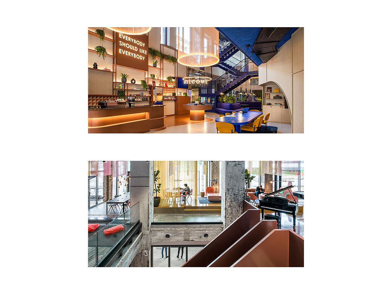 Top view of a modern lobby with a reception desk, seating areas, a large circular light fixture, and a neon sign reading 'RECEPTION' below a wall sign saying 'EVERYBODY SHOULD LIKE EVERYBODY'; below, an industrial-style interior with concrete pillars, a grand piano, and a staircase with brown railings.