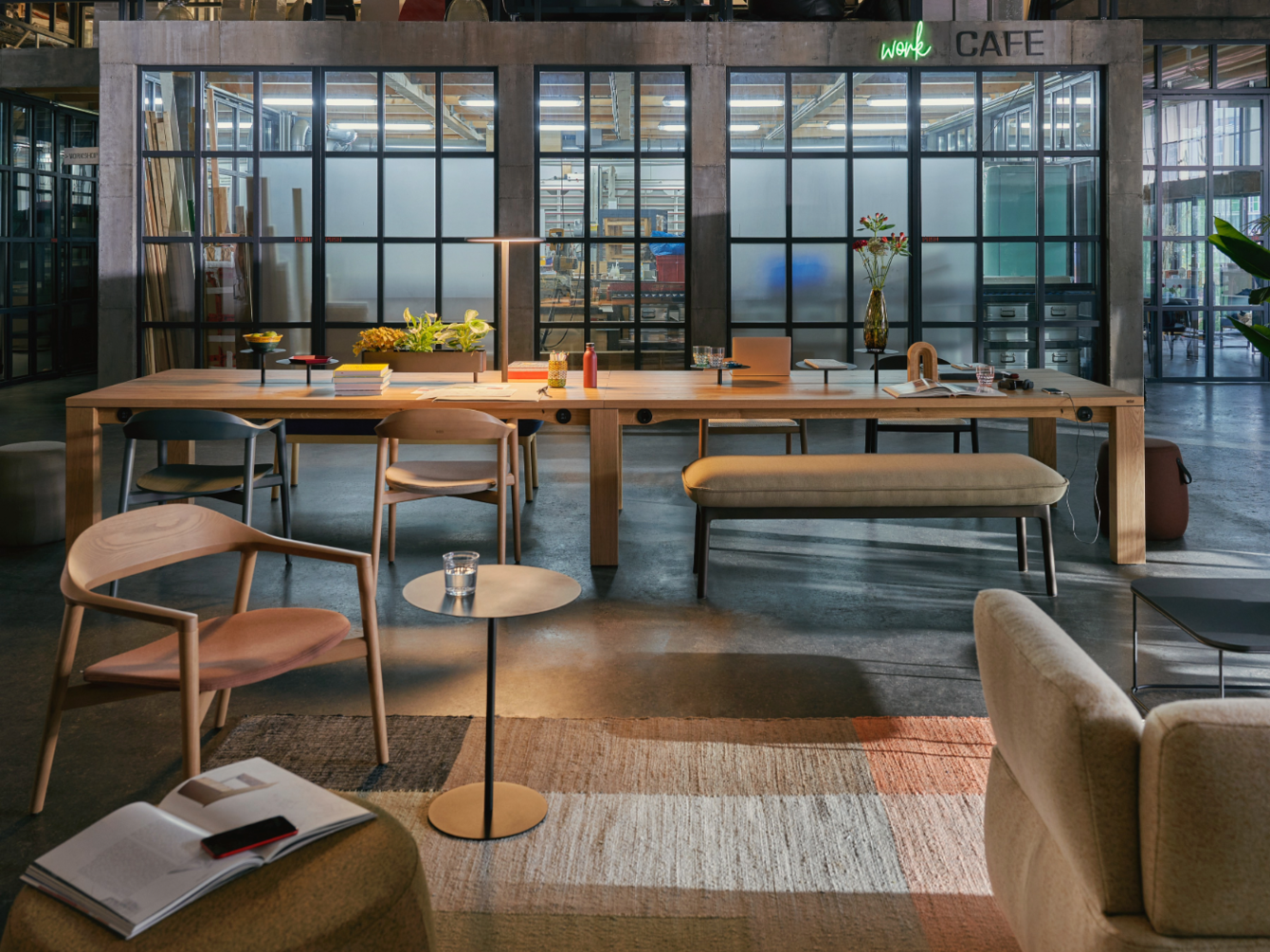 Modern tables and chairs in the work café