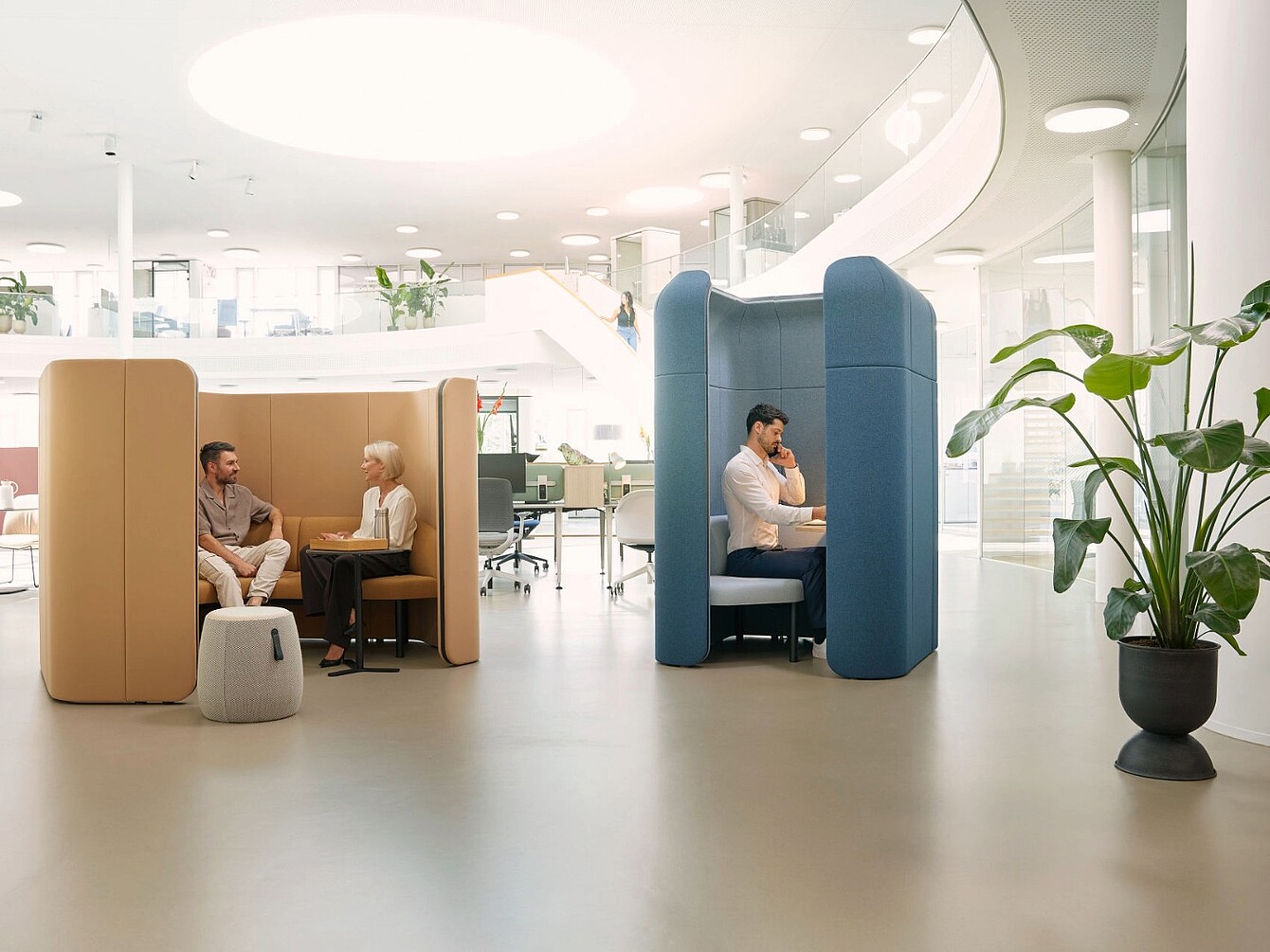 Two pairs of people sitting in separate modern office pods with high backs in an open-plan office space with plants and white walls