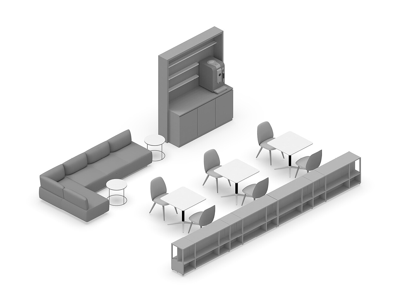 Moderne Büro-Bibliothek mit Sofa, Tischen, Stühlen, Regalen und Kaffeemaschine als ruhiger Rückzugsort für konzentriertes Arbeiten