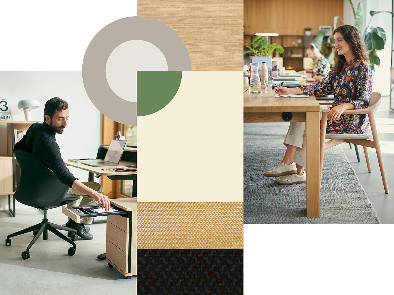 Man in his home office on a se:flair chair using an open Sedus storage container, woman sitting on a se:café wooden chair at a se:café team table, warm wood tones in the office.