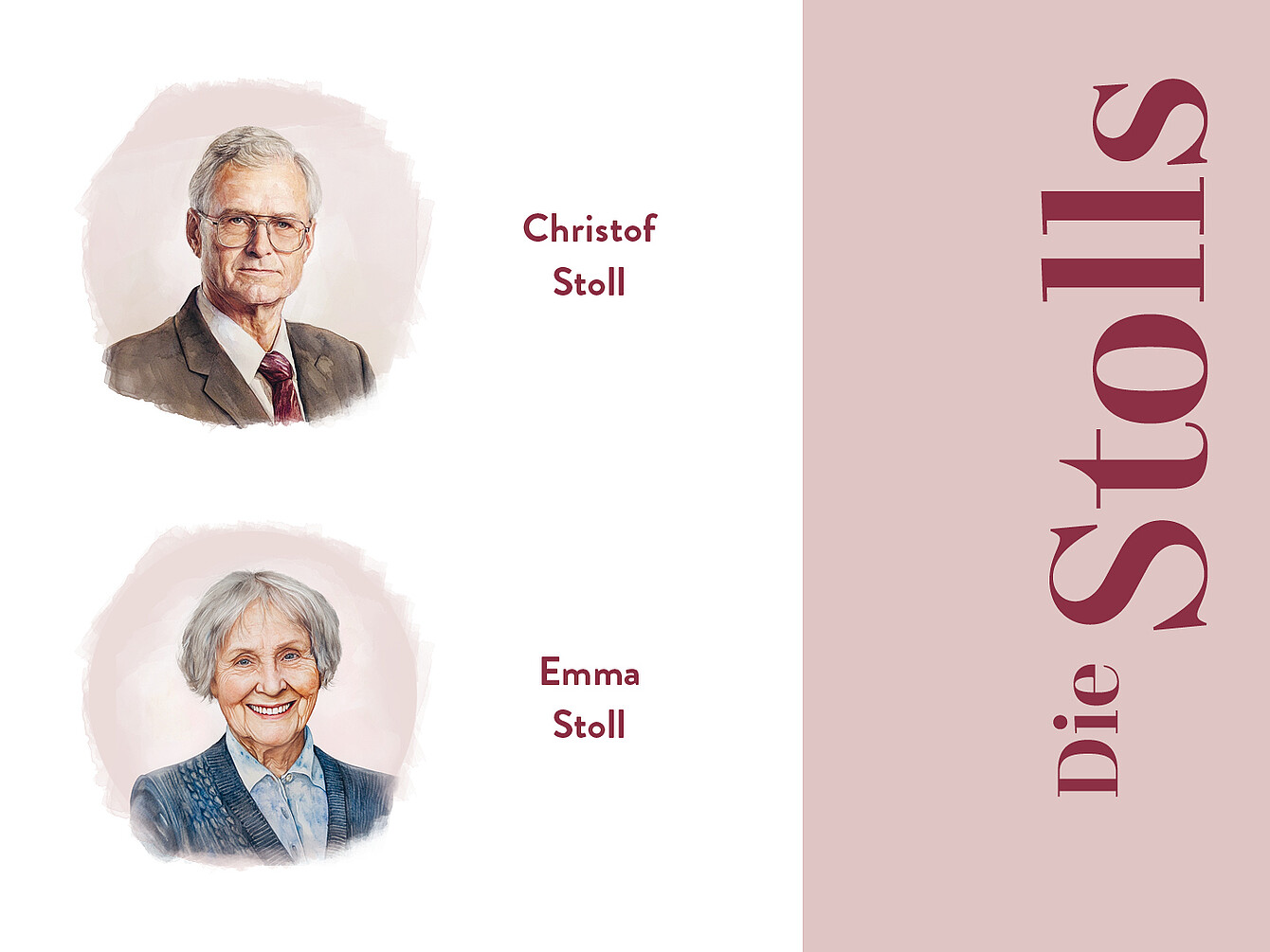Porträts von Christof Stoll und Emma Stoll. Christof trägt einen Anzug mit Krawatte, Emma trägt einen blauen Pullover mit Muster. Text: 'Die Stolls'.