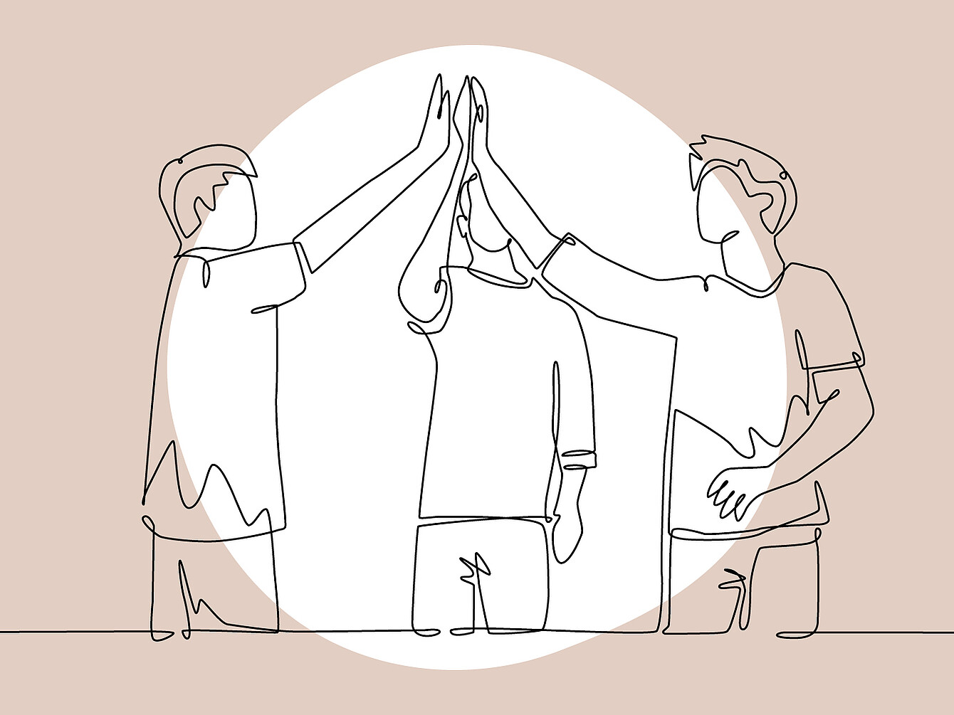 Continuous line drawing of three people standing and giving a group high-five, with a circular light background behind them.