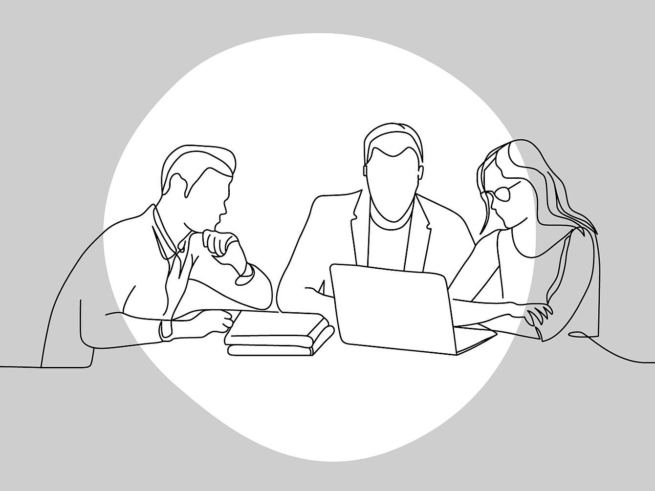 Single-color line drawing of three people sitting at a table, one using a laptop, another with books, engaged in discussion.