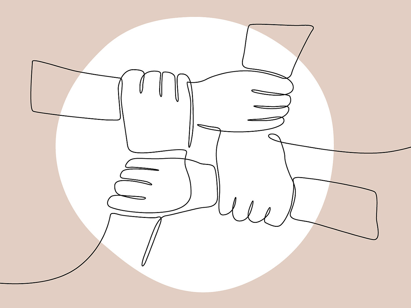 Line drawing of four hands grasping each other's wrists, forming a square symbolizing unity and cooperation.