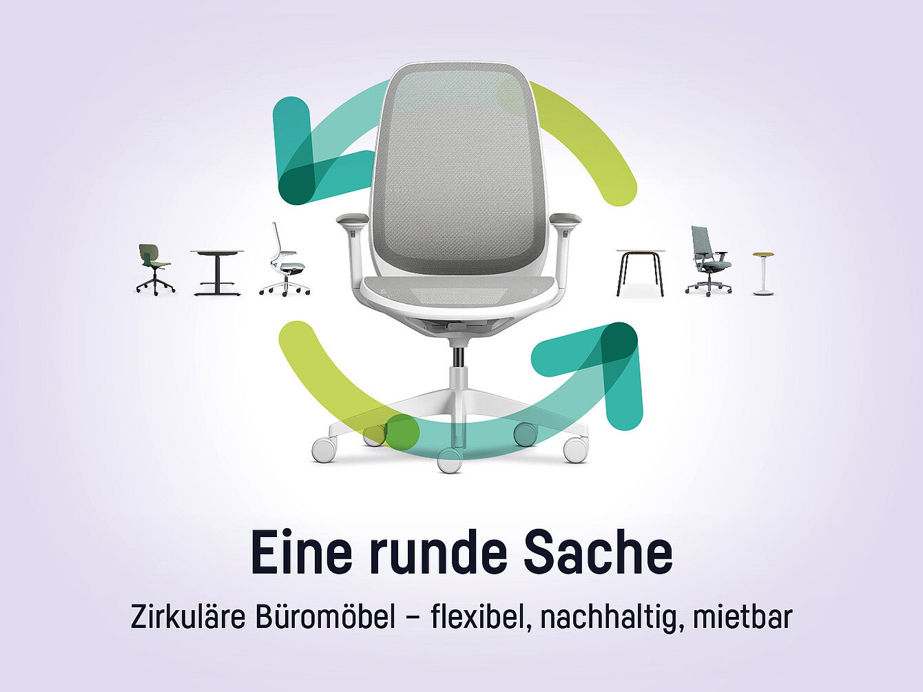 Bürostuhl im Vordergrund mit zwei Pfeilen in Kreisform und kleineren Büromöbeln im Hintergrund