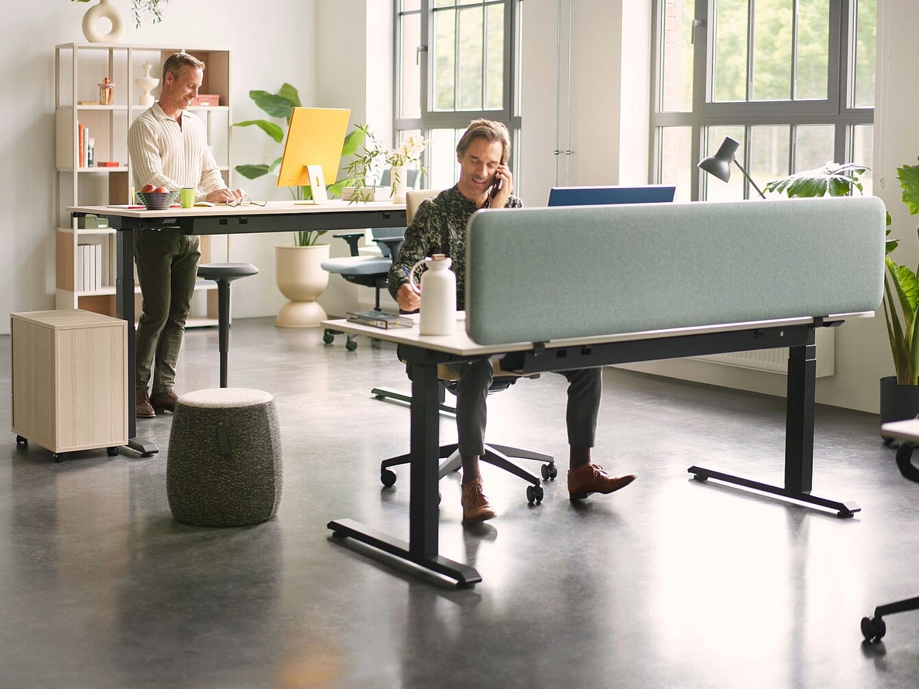 Modernes Büro mit höhenverstellbaren Schreibtischen, Trennwand, ergonomischem Hocker und Pflanzen vor großen Fenstern
