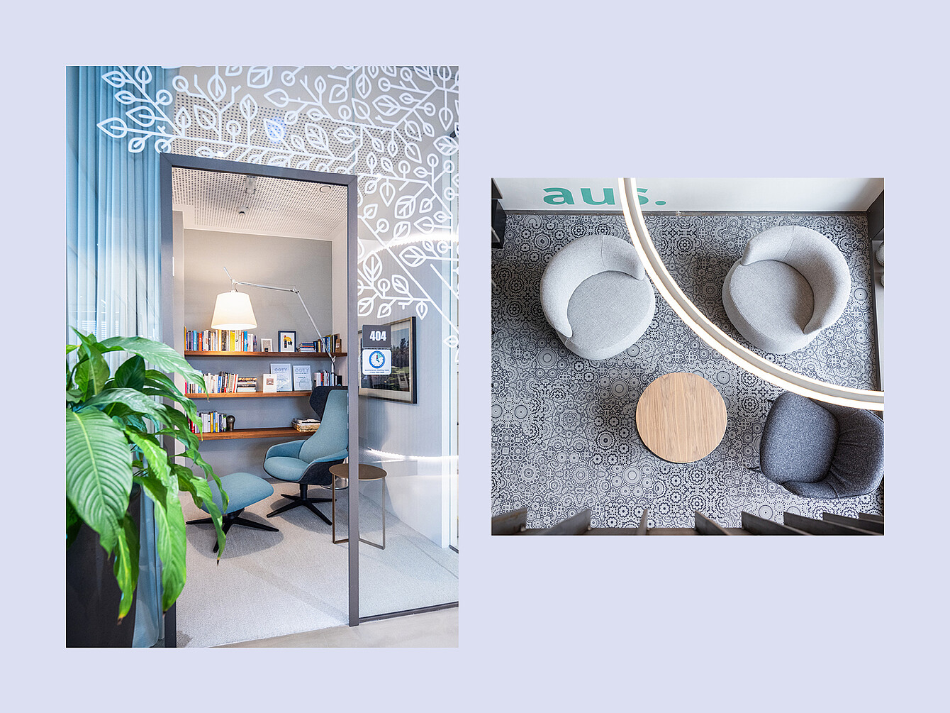 Blick durch eine Glastür mit weißem Blattmuster in einen Raum mit blauen Sesseln, Bücherregal und Stehlampe sowie eine Draufsicht auf einen Sitzbereich mit zwei runden Sesseln, einem kleinen runden Holztisch und einem grauen Sitzkissen auf gemustertem Bodenbelag.