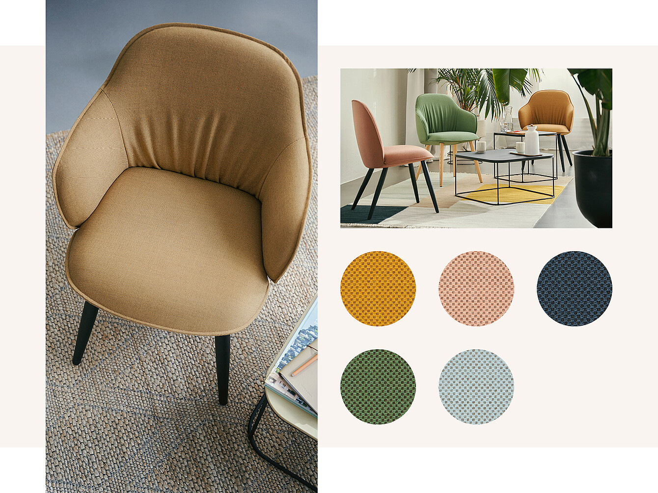 A tan upholstered chair with rounded backrest and black legs, alongside images of two additional chairs in green and pink. Below, six fabric swatches in various colors: mustard yellow, teal, dark green, navy blue, light beige, and coral.