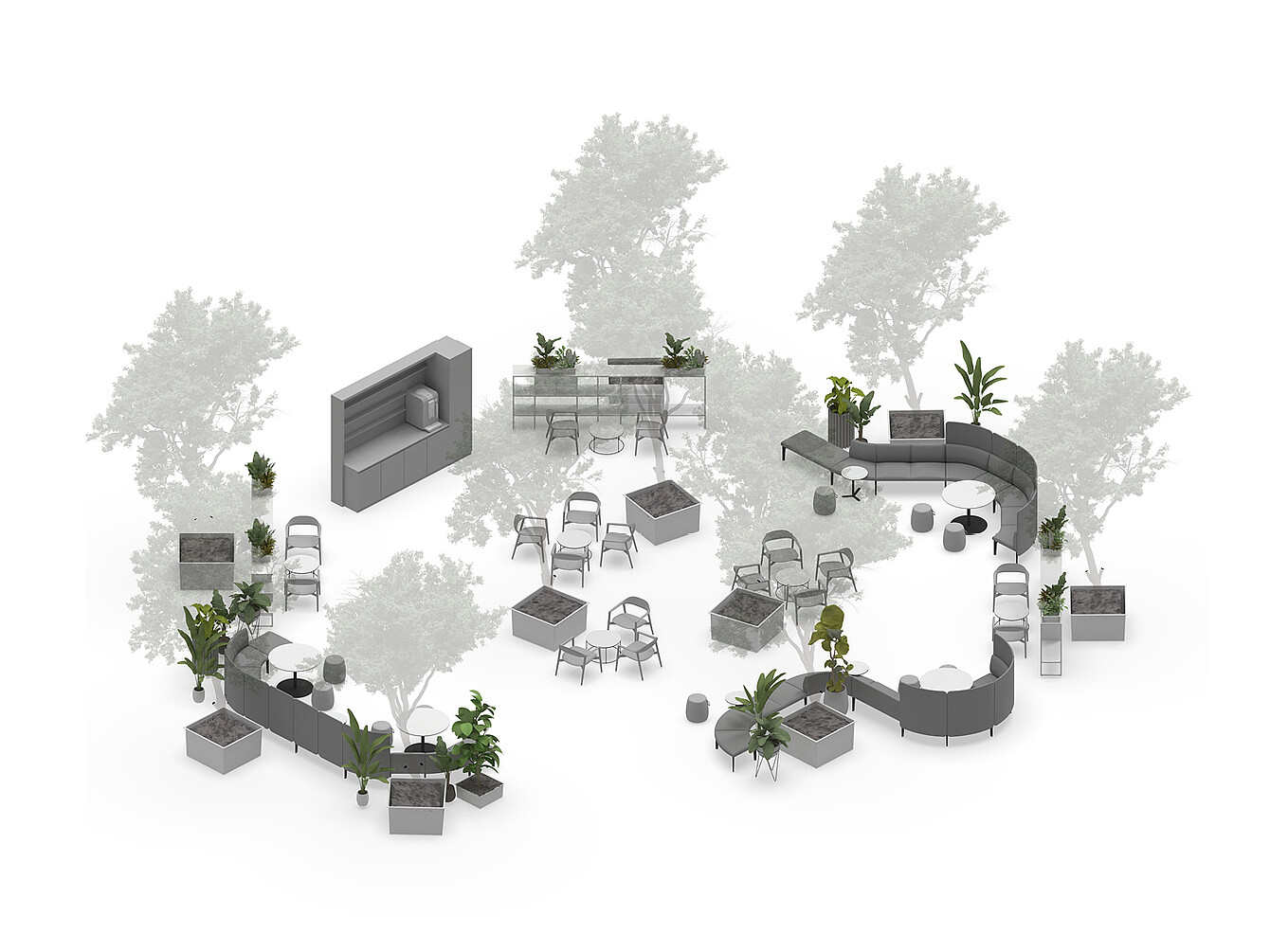Garden Work Café layout with curved seating, tables, chairs, and plants arranged to create a biophilic office space surrounded by greenery