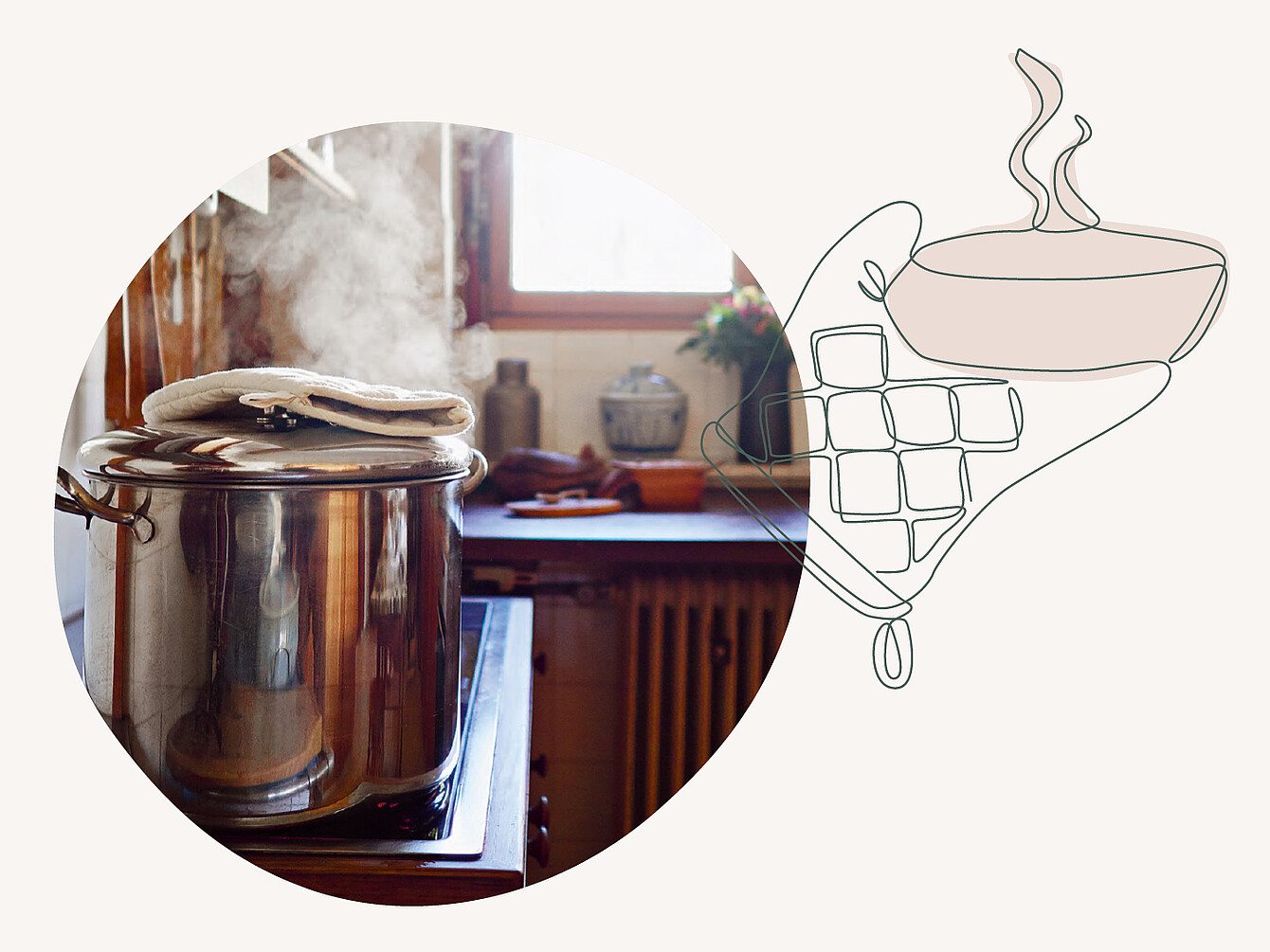 Dampf steigt aus einem großen Edelstahltopf auf einem Herd in einer traditionellen Küche mit Holzfenster und Heizkörper.