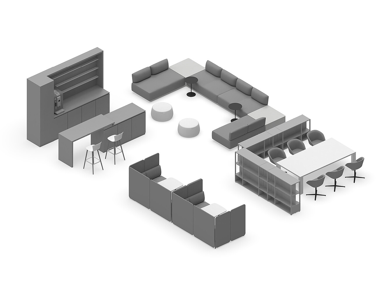 3D-indeling van het archetype Work Café Club met modulaire banken, krukken, tafels, een bar met krukken en een scheidingswand met planken, waardoor een stijlvolle, veelzijdige businesslounge ontstaat