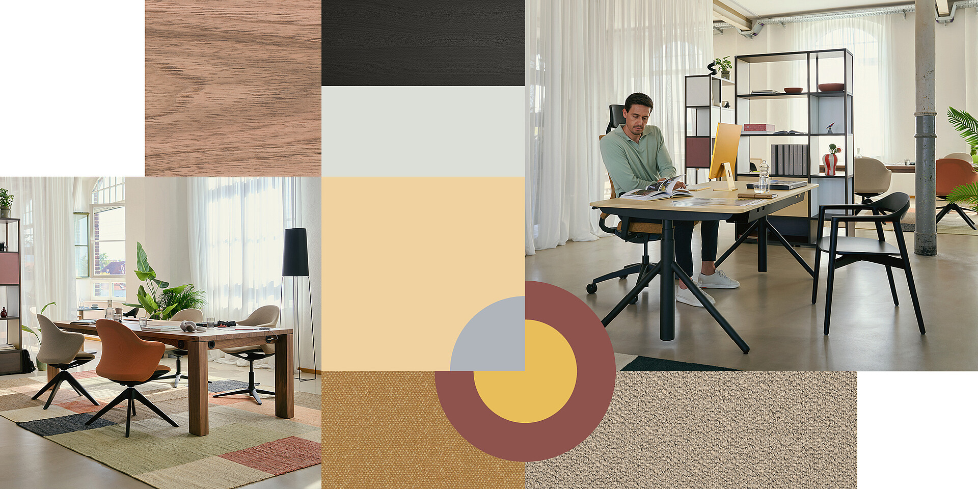 Person sitting at a modern desk, se:lab e-desk A on a quarterback 2 chair in an office with light curtains and open se:matrix shelving in the background, surrounded by neutral and warm colours. A se:café wooden chair stands in front of the table.