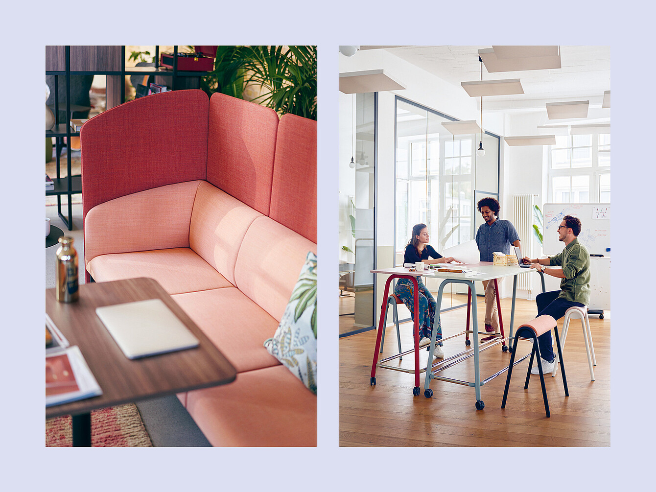 Left side shows a corner sofa with high backrests and a wooden table with a closed laptop and a bottle on it Right side shows three people sitting and standing around a high table with stools in a bright office space with large windows and hanging lights