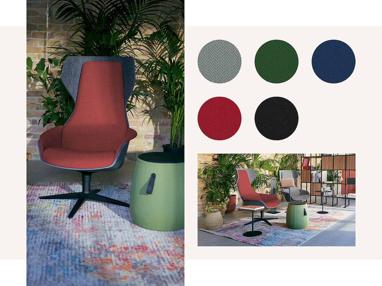 A red upholstered chair with a high backrest and a black base, next to a green side table, surrounded by plants. Six fabric swatches in red, green, navy, grey, black, and a patterned rug are visible.