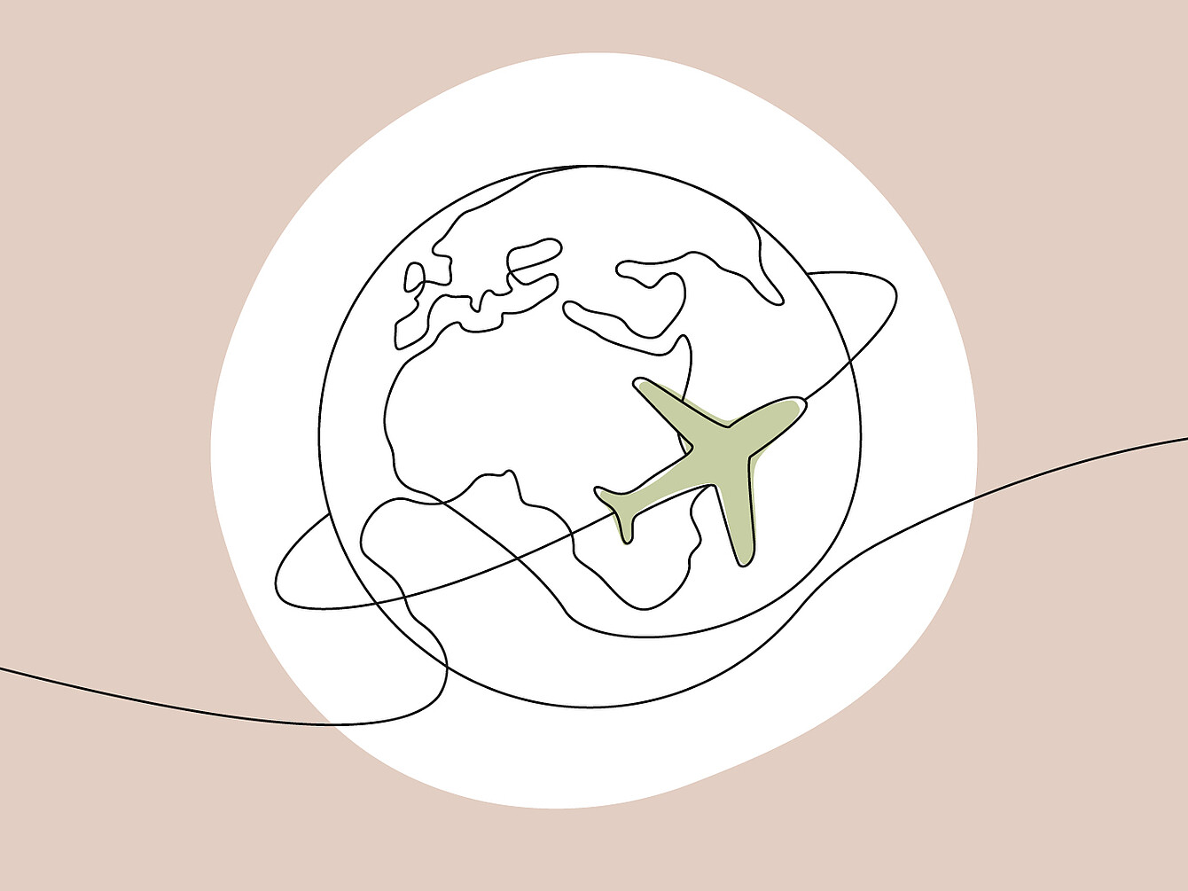 Outline of Earth focusing on Europe, Africa, and the Middle East with a green airplane circling around it on a beige background.