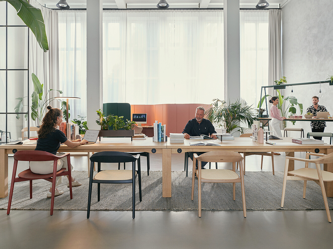 Moderner Bürobereich mit langer Holztisch, mehreren Stühlen und Pflanzen, Personen arbeiten konzentriert in ruhiger Bibliotheksatmosphäre