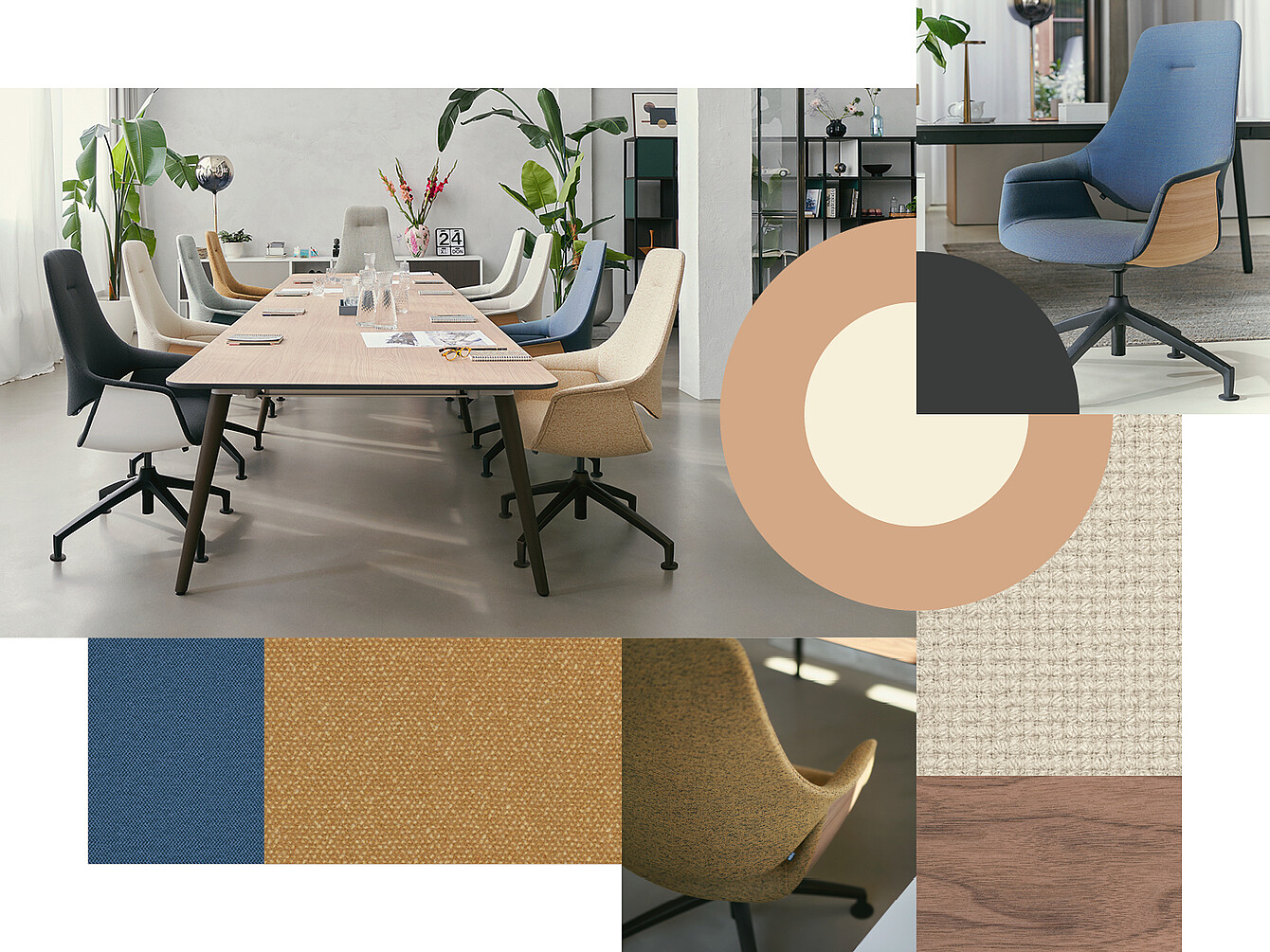 Conference room with long se:vision conference table and various Sedus chairs – se:mission with medium back height – in blue, beige and black, surrounded by plants, with colour samples in blue, brown and beige, demonstrating the effect of colour in the office.