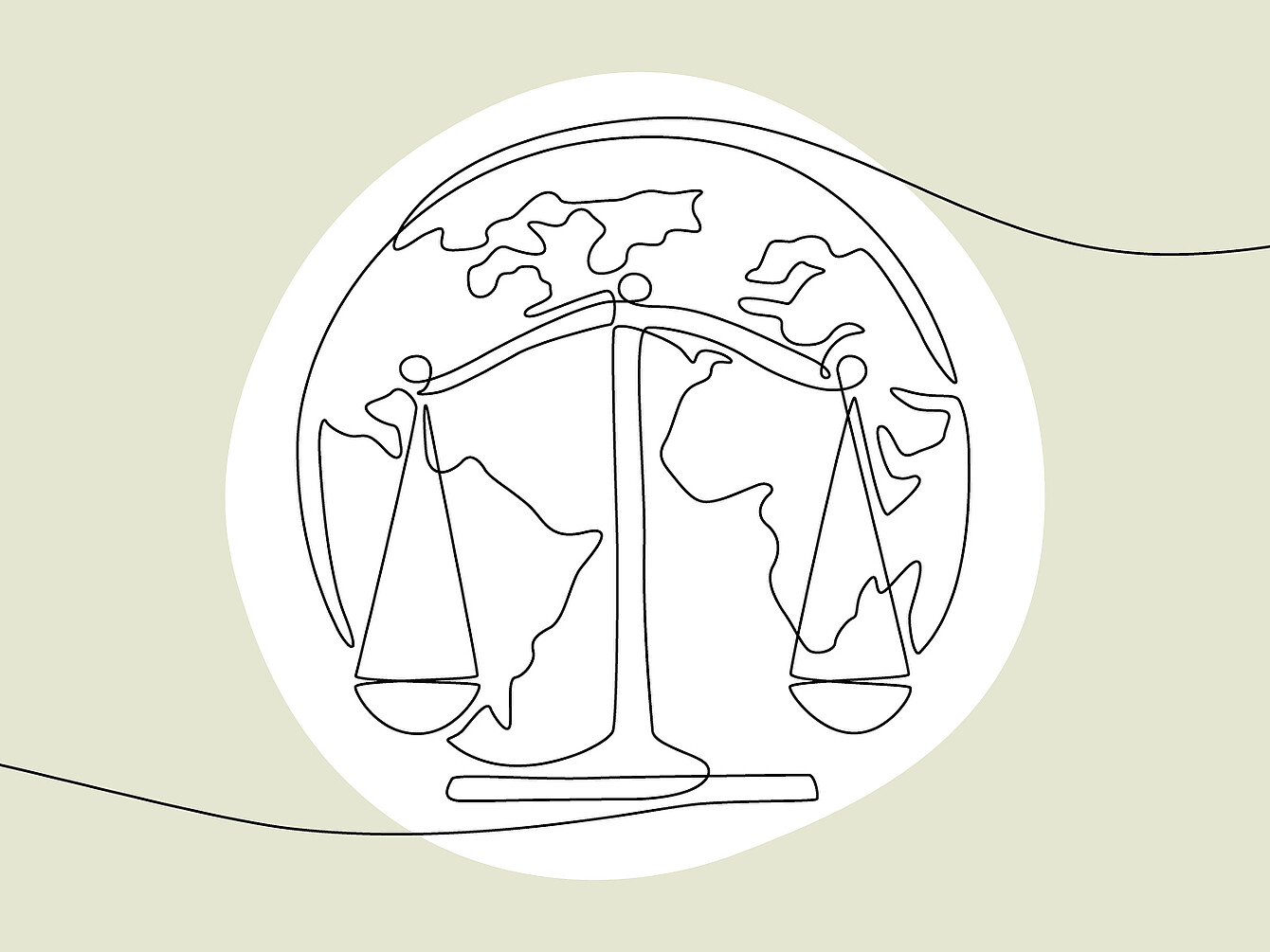 Line drawing of a balance scale superimposed on a globe showing continents, symbolizing global social responsibility.