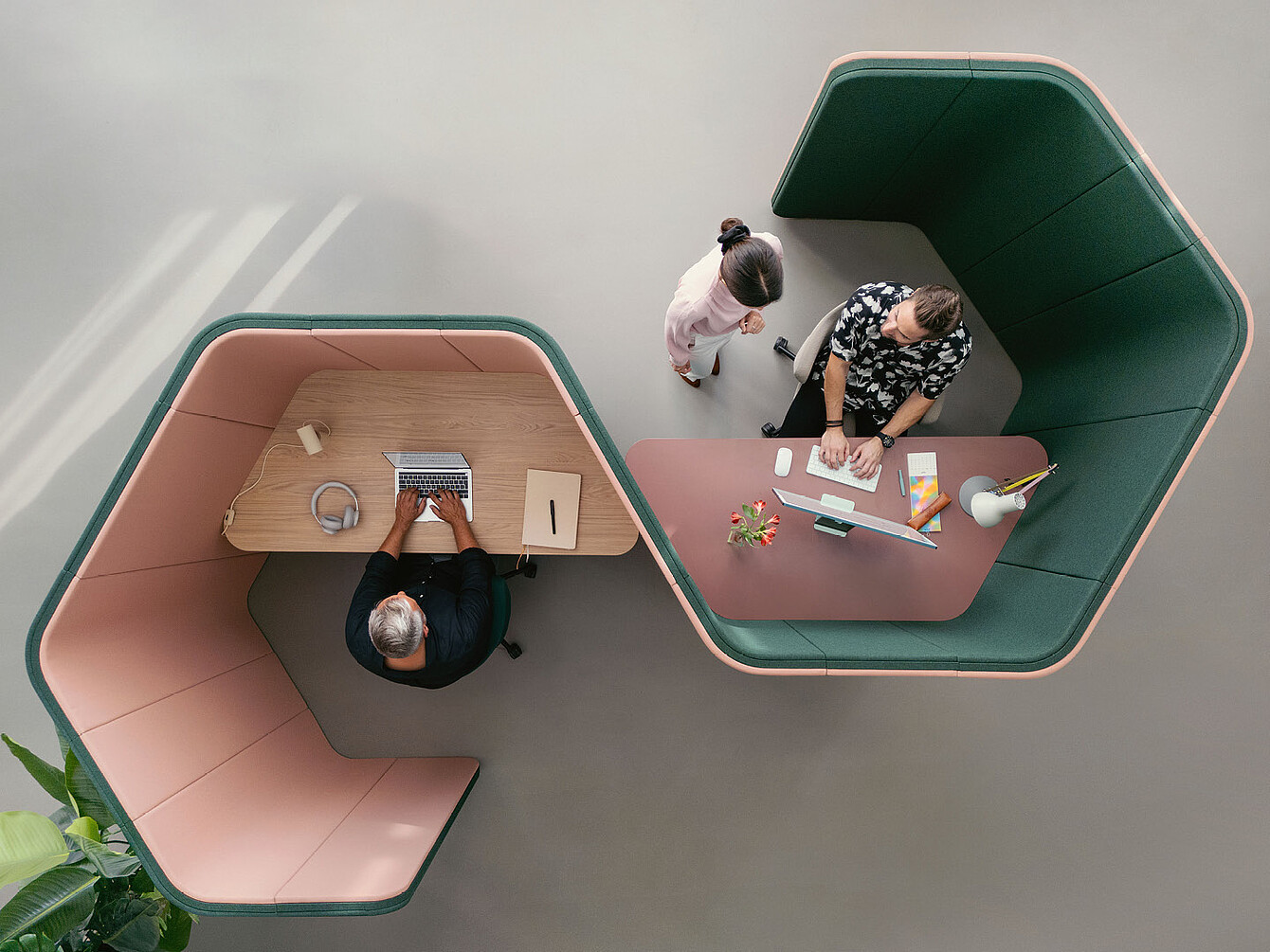 Two people working in adjacent hexagonal se:hive office pods, one using a laptop and the other using a desktop computer, viewed from above