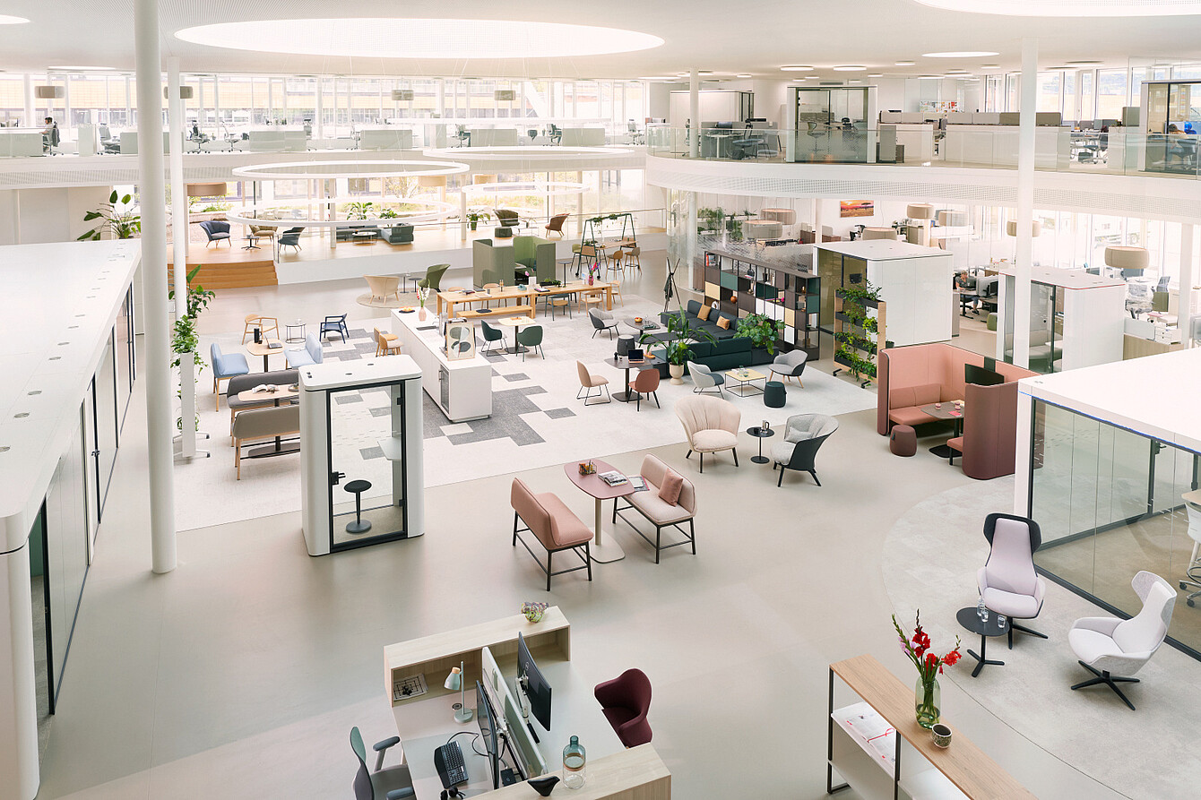 Spacious modern office with diverse work settings, lounge areas, meeting spaces and individual workstations.