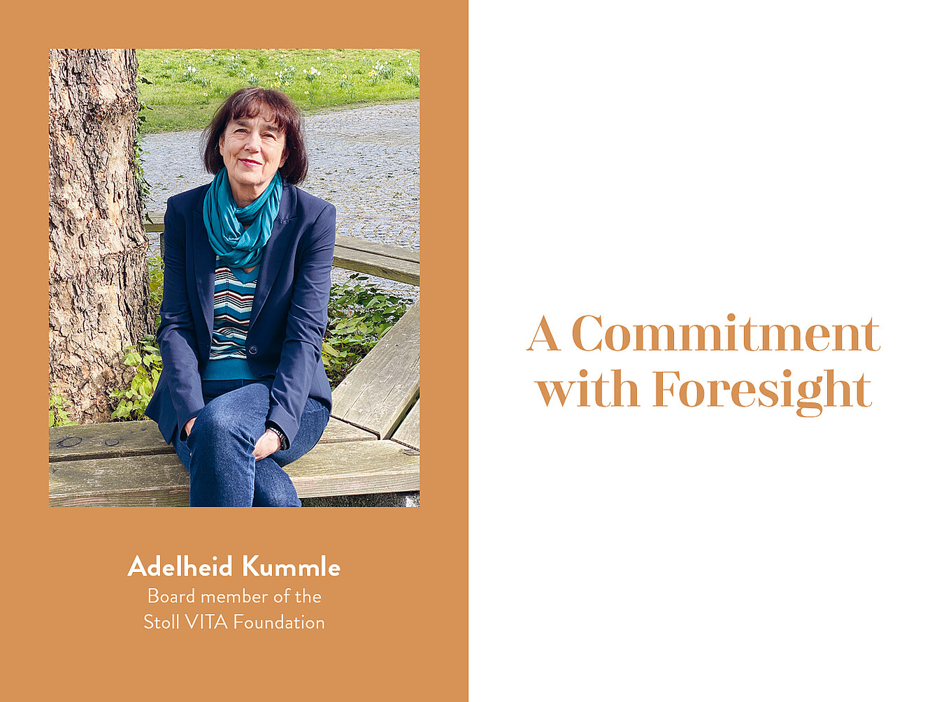 Adelheid Kummle sitting on a wooden bench outdoors, wearing a blue blazer, striped shirt, and teal scarf, with a tree and grass in the background.