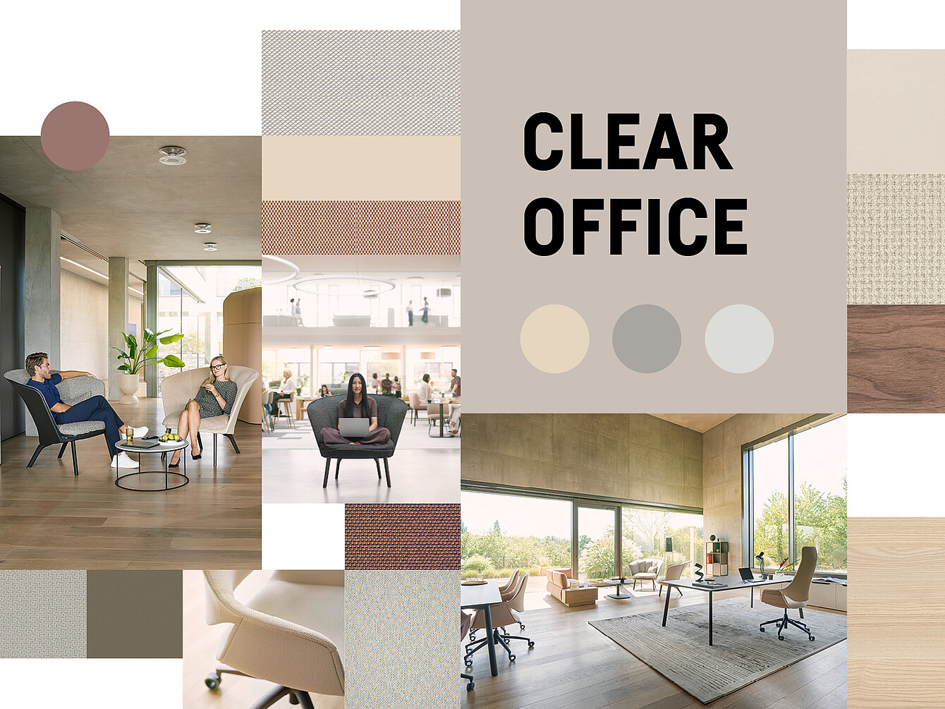 Büro mit großen Fenstern, modernen Stühlen und Tischen in hellen, natürlichen Farben, umgeben von Stoff- und Holzmustern, mit dem Schriftzug 'CLEAR OFFICE'