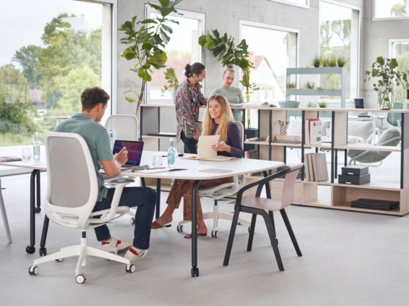Three people working and talking around a white desk in a bright office with large windows and plants
