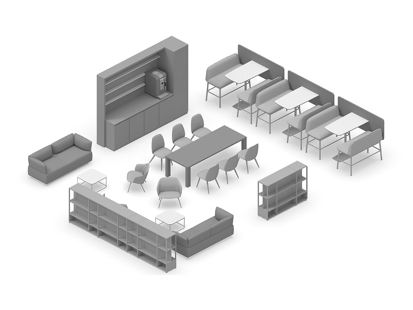 3D layout of Hub Work Café showing seating areas with sofas, tables with chairs, booth seating, shelves, and a coffee machine wall unit for collaborative office meetings
