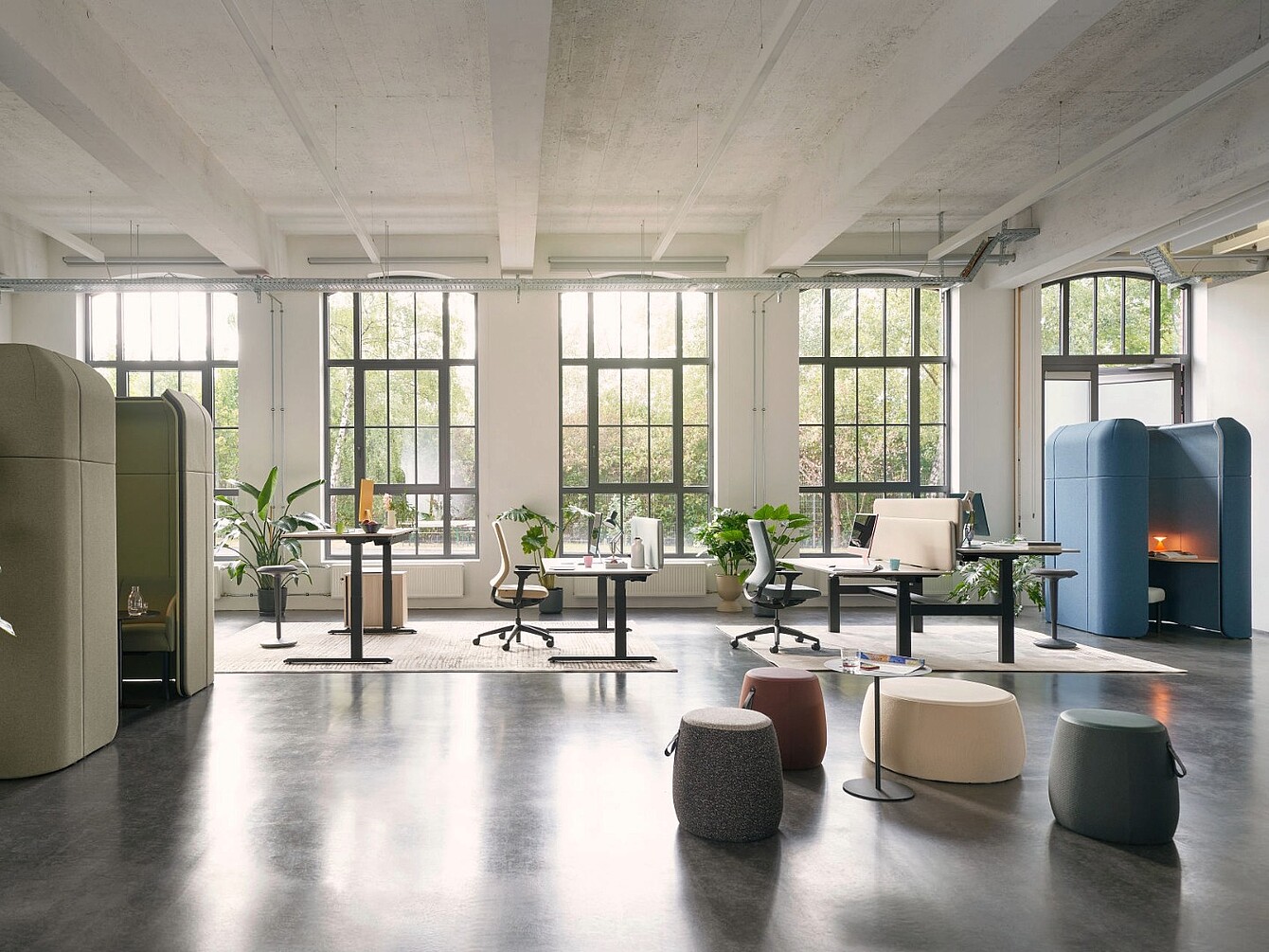 Helles, modernes Büro mit großen Fenstern, mehreren höhenverstellbaren Schreibtischen, ergonomischen Bürostühlen, Pflanzen und gepolsterten Sitzhockern in einem offenen Raum mit Second-Life-Möbeln in Premium-Qualität
