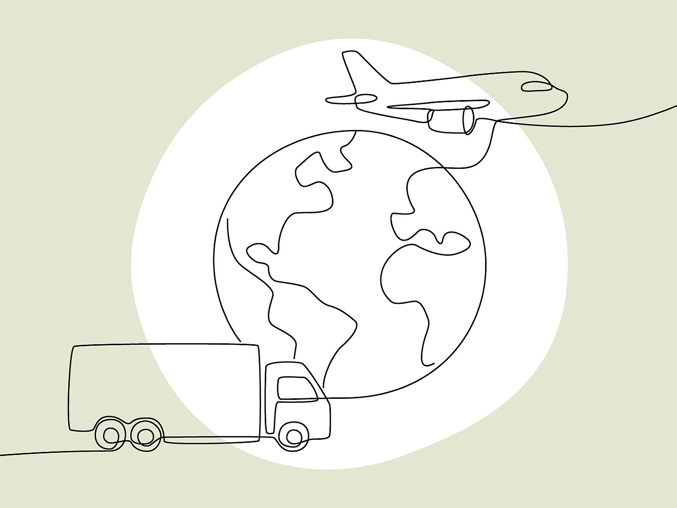 Schwarz-weiße Linienzeichnung eines Globus mit Kontinenten, davor ein Lkw und darüber ein Flugzeug, verbunden durch eine durchgehende Linie.