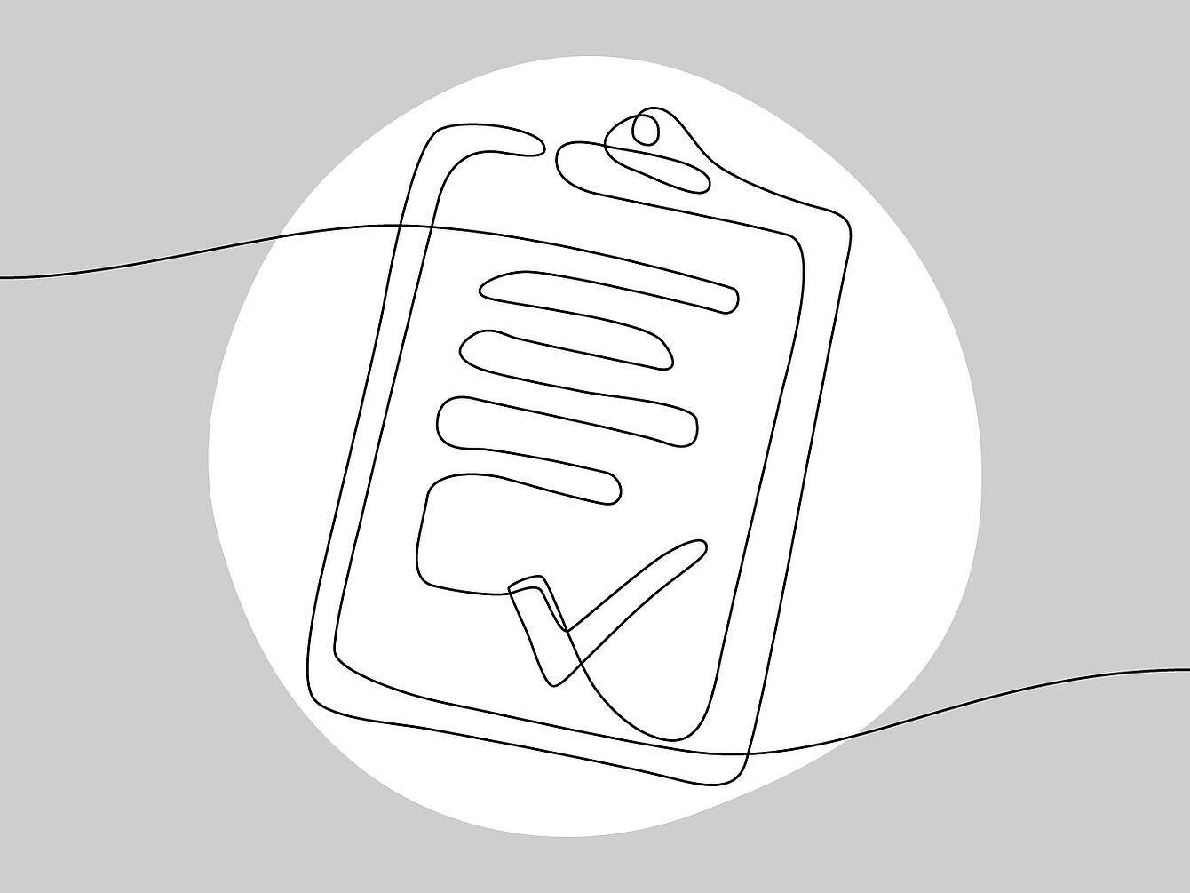 Single-color line drawing of a clipboard with horizontal lines and a checkmark at the bottom right.