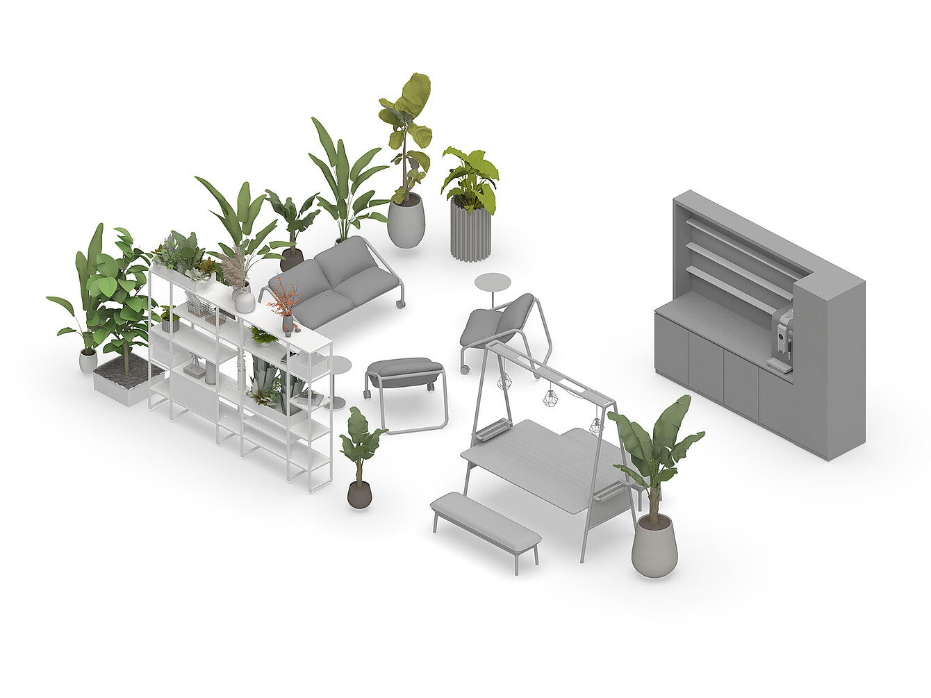 Office setup inspired by biophilic design with gray seating, shelves, and various potted plants creating a Garden Work Café environment