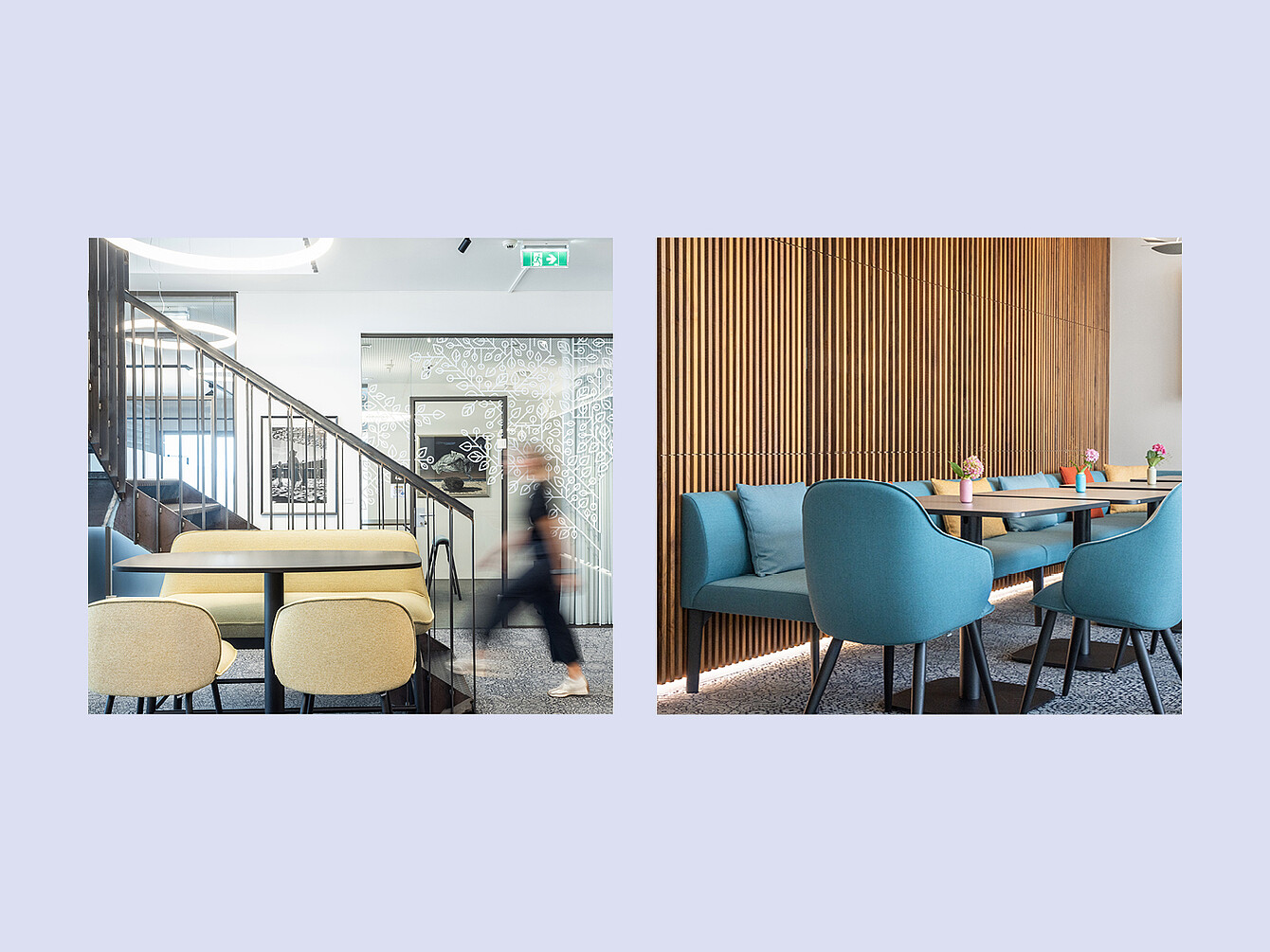 Moderner Co-Working-Bereich mit Sitzgruppen aus gepolsterten Stühlen und Holztischen vor einer Holzlamellenwand und Glaswand mit Treppe im Hintergrund