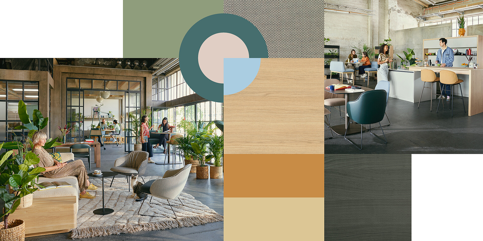 Modern office with open kitchen, seating areas and plants, featuring a colour scheme of green, beige and blue tones for an inviting atmosphere. The left-hand image shows the se:café soft chair and a se:living sofa. The right-hand image shows the se:café bar, se:cafe soft stool and, in the background, the se:café high bench.