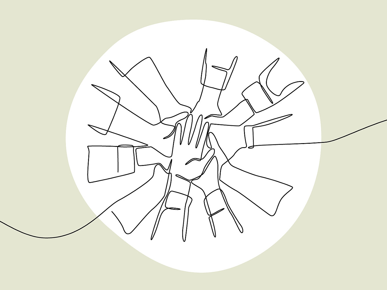 Continuous line drawing of multiple hands stacked together in a circle, symbolizing unity or teamwork.