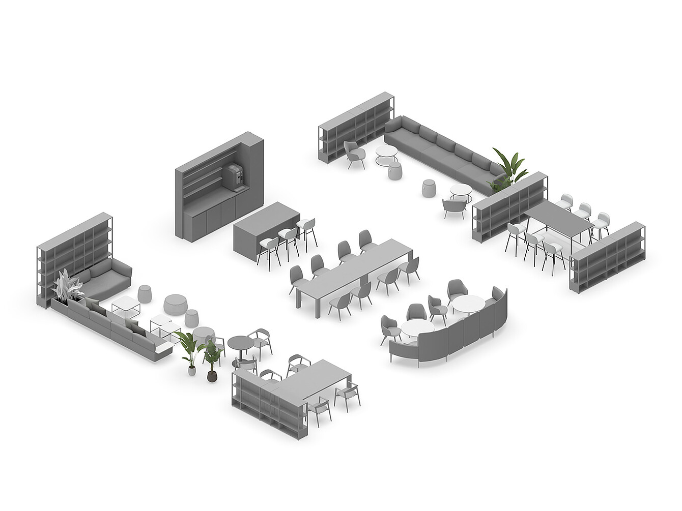 Layout of the Hub Work Café showing various seating areas including sofas, tables with chairs, stools, and bookshelves arranged to support communication and collaboration in an office setting.