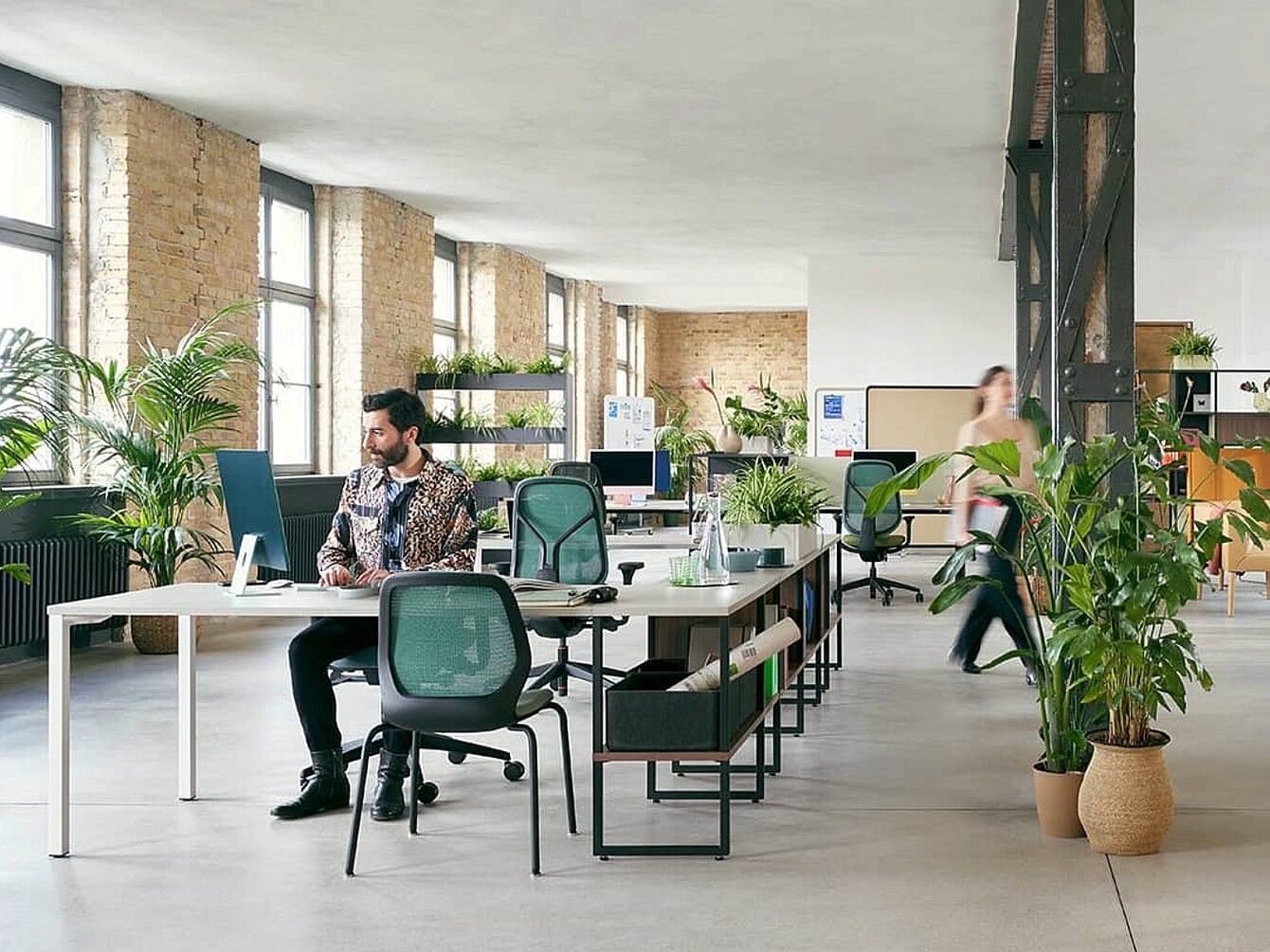 Helle offene Bürolandschaft mit mehreren Schreibtischen, ergonomischen Bürostühlen, Regalen und zahlreichen Pflanzen.